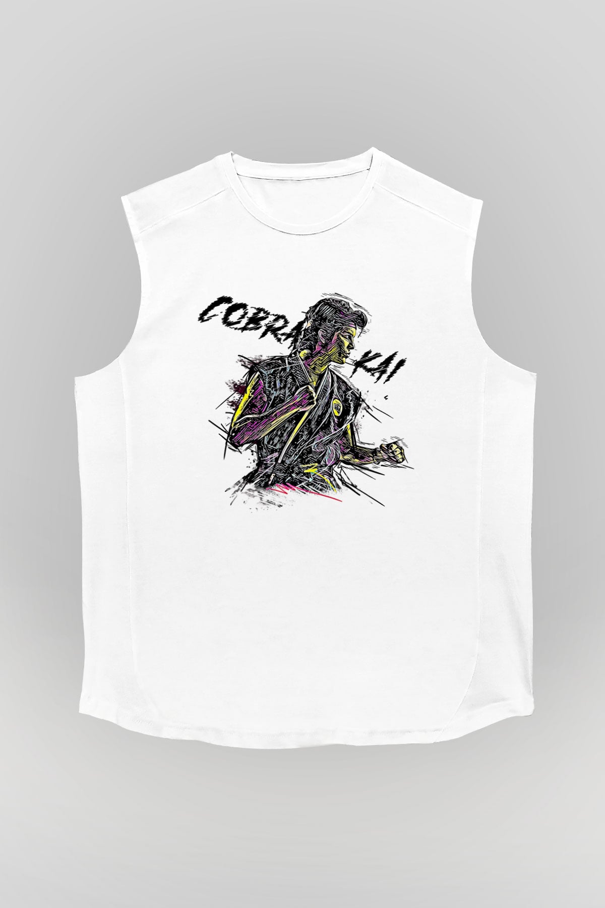 Cobra Kai Baskılı Beyaz Unisex Kolsuz Tişört - Tshirt