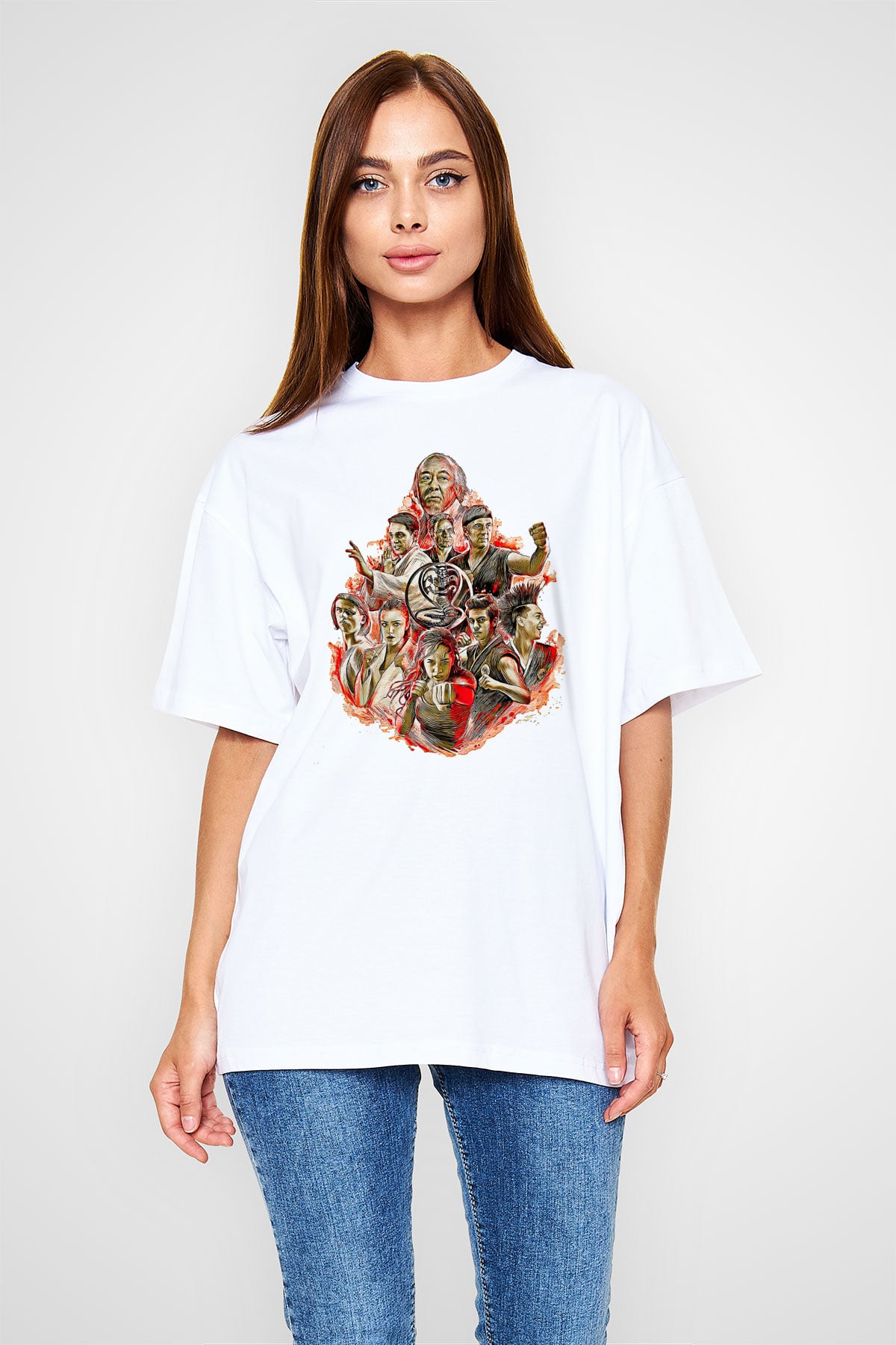 Cobra Kai Baskılı Beyaz Unisex Oversize Tişört - Tshirt