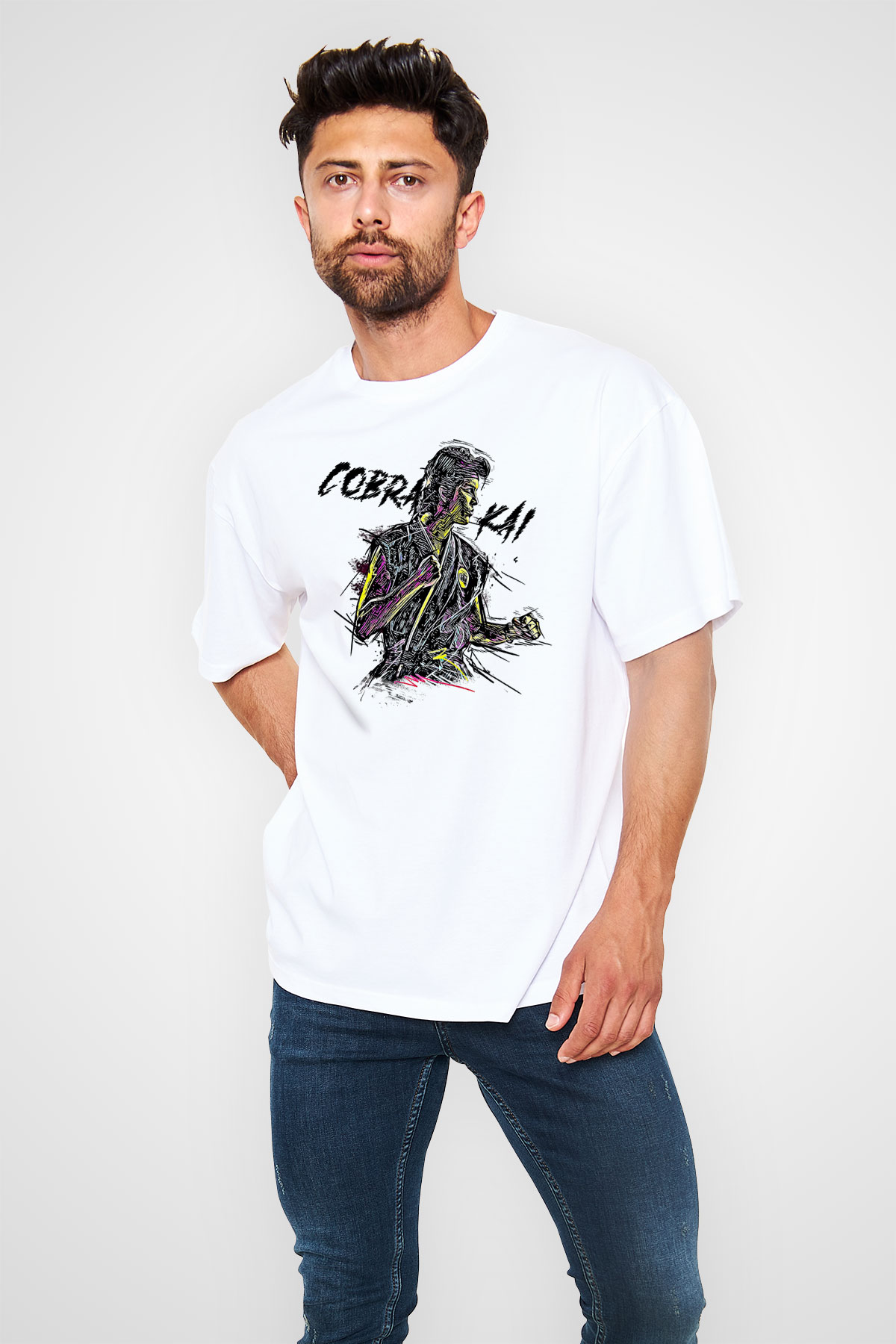 Cobra Kai Baskılı Beyaz Unisex Oversize Tişört - Tshirt