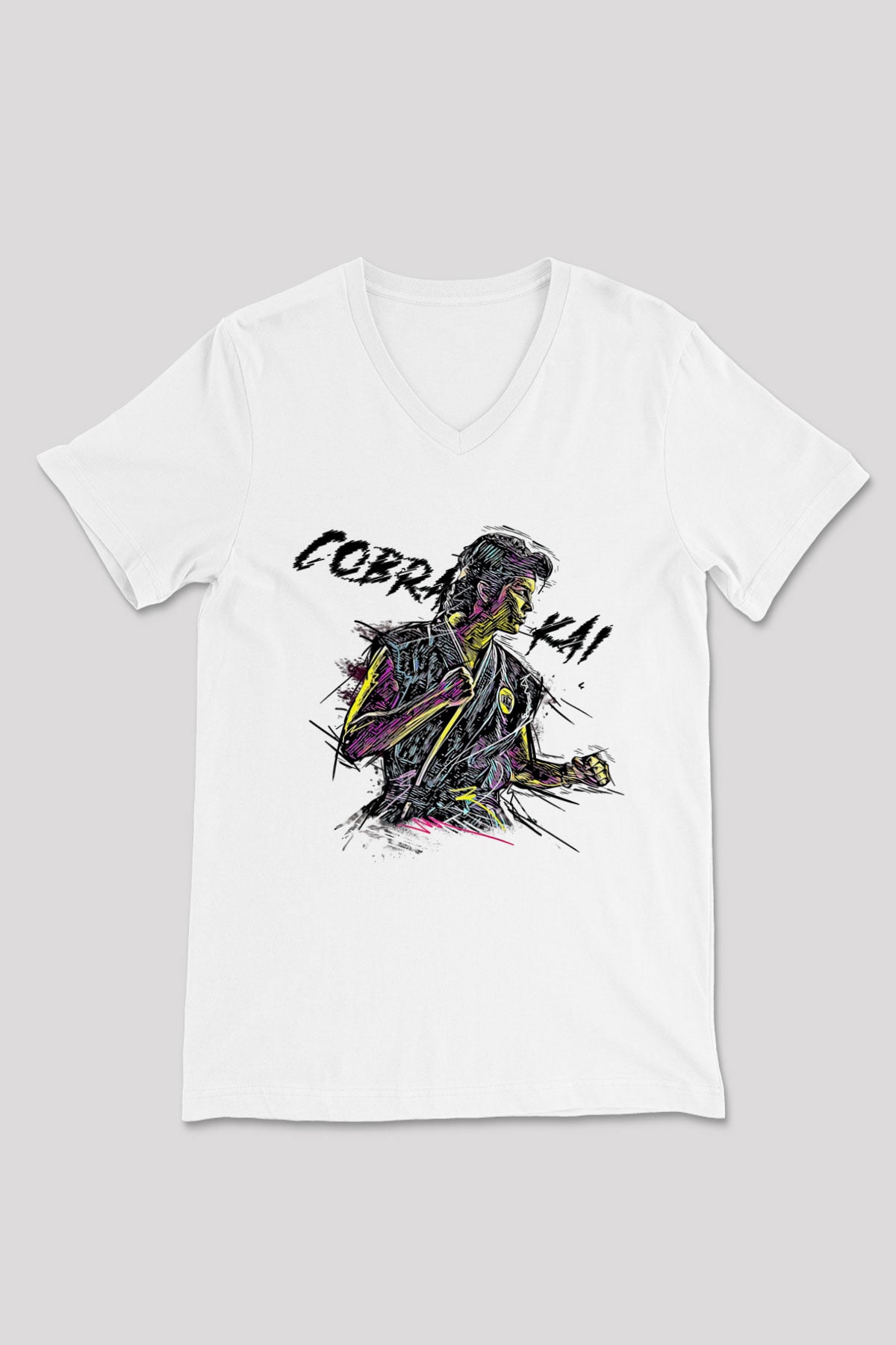 Cobra Kai Baskılı Beyaz Unisex V Yaka Tişört - Tshirt