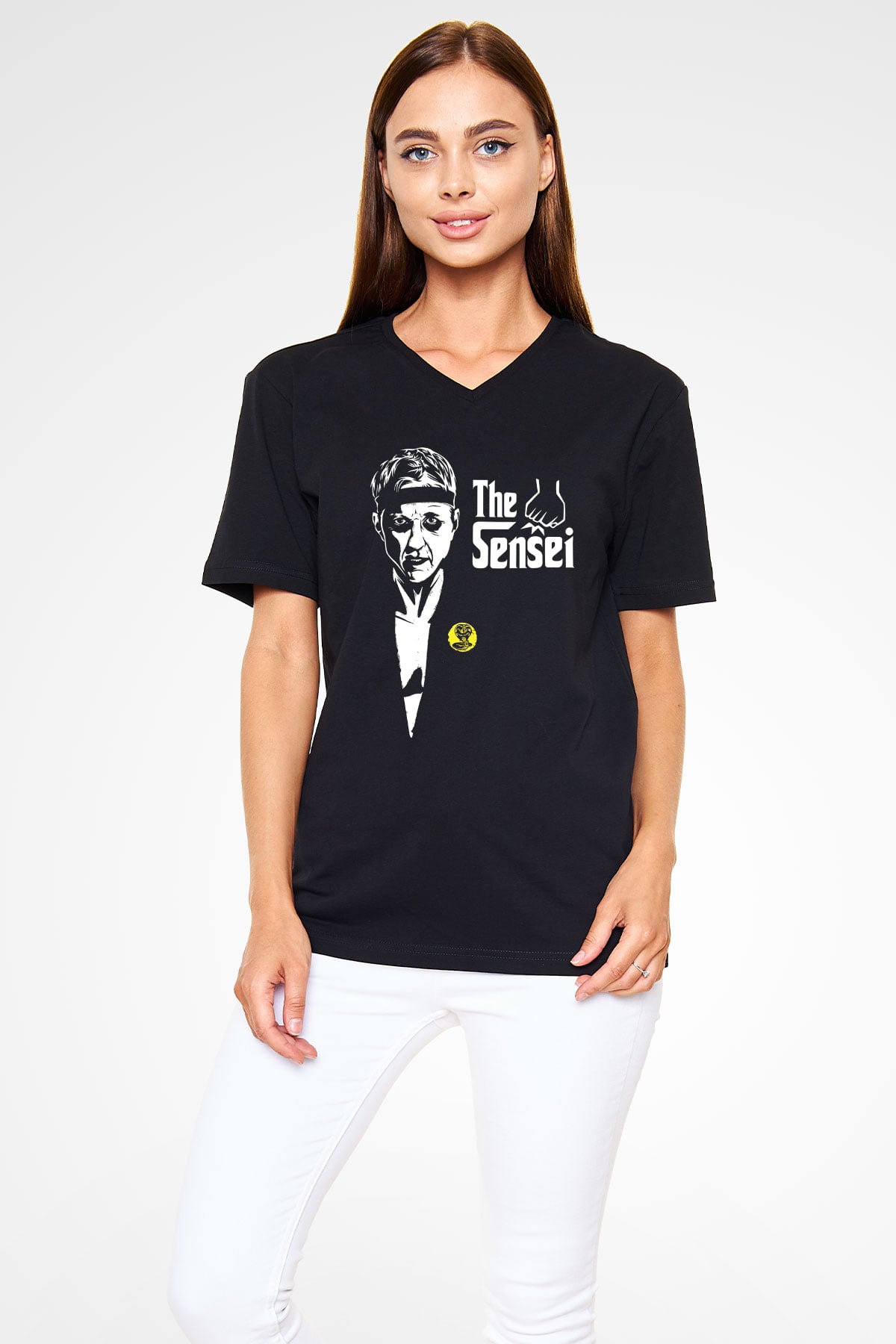 Cobra Kai Baskılı Unisex Siyah V Yaka Tişört - Tshirt