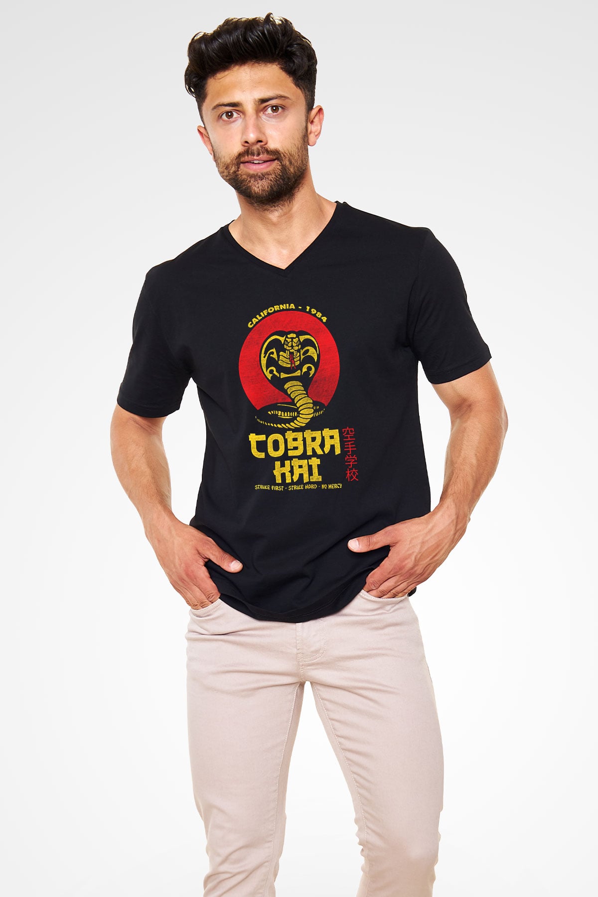 Cobra Kai Baskılı Unisex Siyah V Yaka Tişört - Tshirt