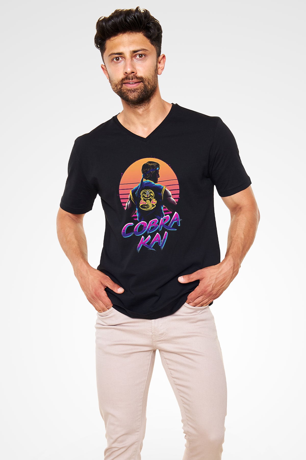 Cobra Kai Baskılı Unisex Siyah V Yaka Tişört - Tshirt