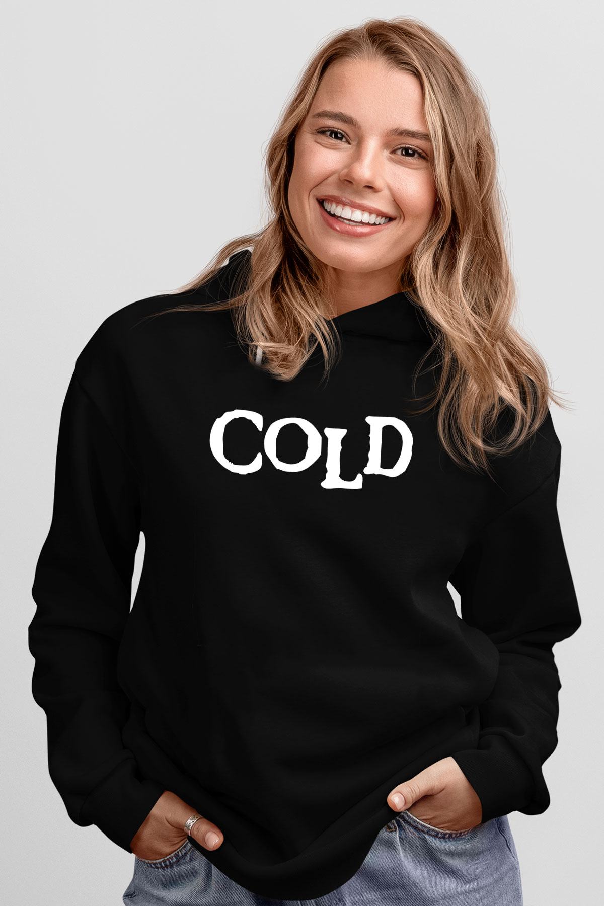 Cold Baskılı Unisex Siyah Kapüşonlu Sweatshirt