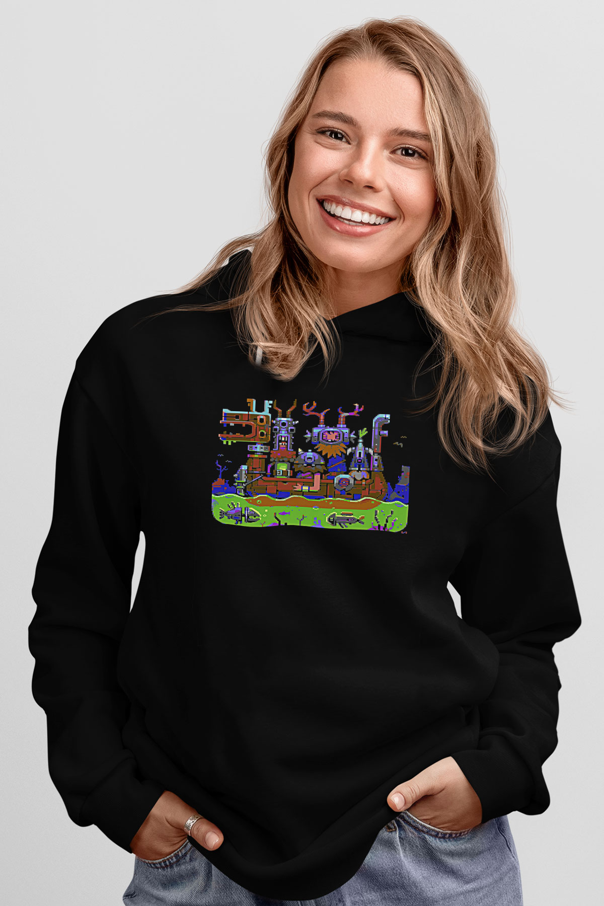 Commodore 64 Baskılı Unisex Siyah Kapüşonlu Sweatshirt
