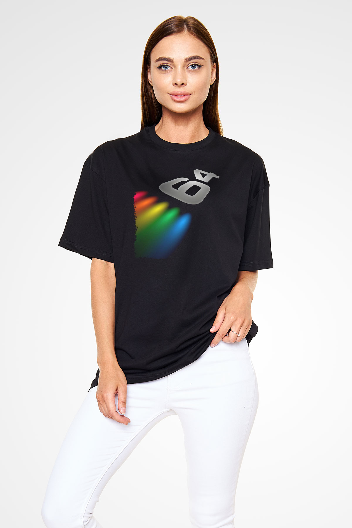 Commodore 64 Baskılı Unisex Siyah Oversize Tişört - Tshirt