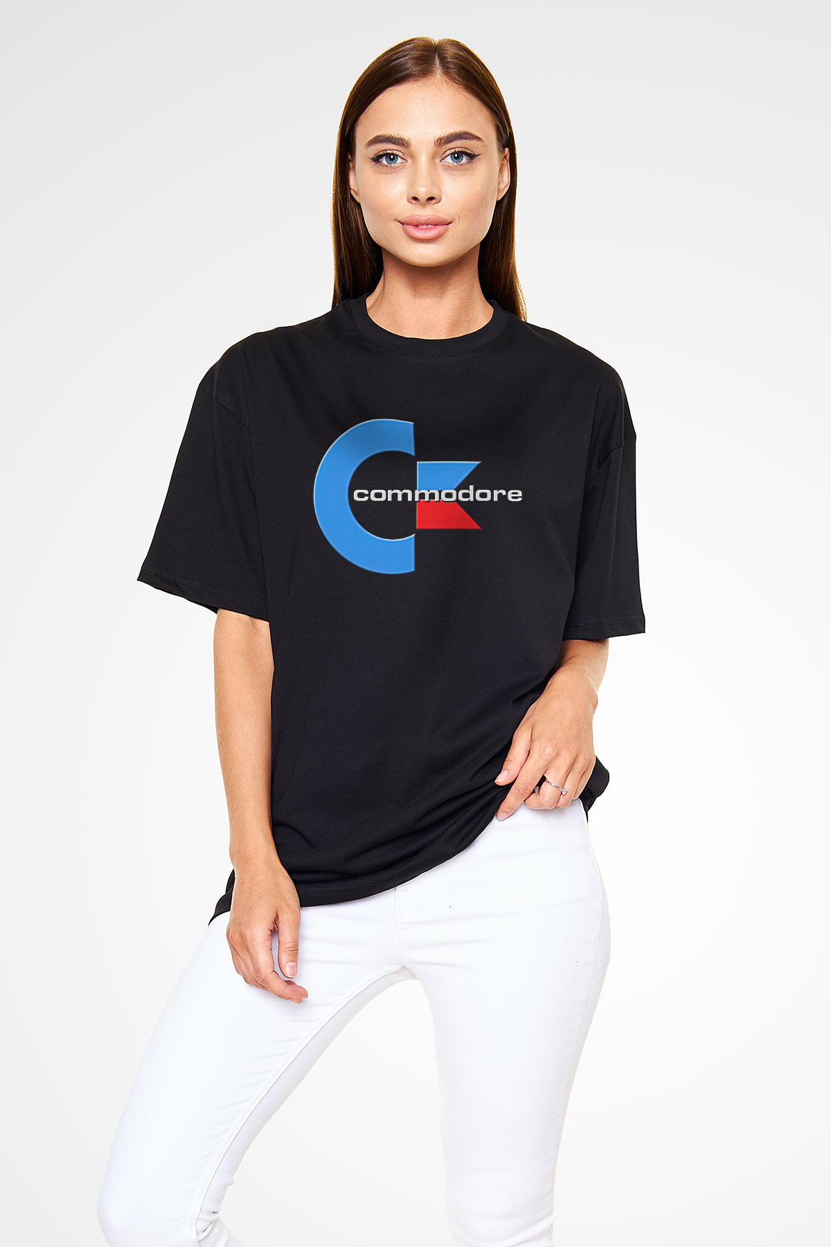 Commodore 64 Baskılı Unisex Siyah Oversize Tişört - Tshirt