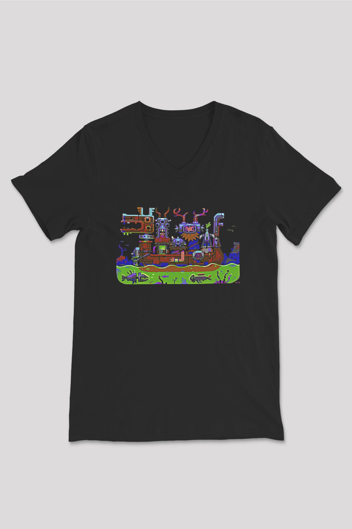 Commodore 64 Baskılı Unisex Siyah V Yaka Tişört - Tshirt