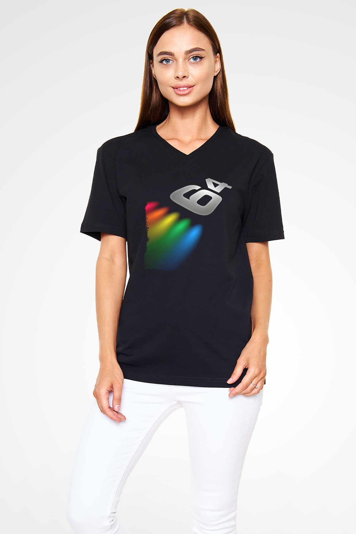 Commodore 64 Baskılı Unisex Siyah V Yaka Tişört - Tshirt