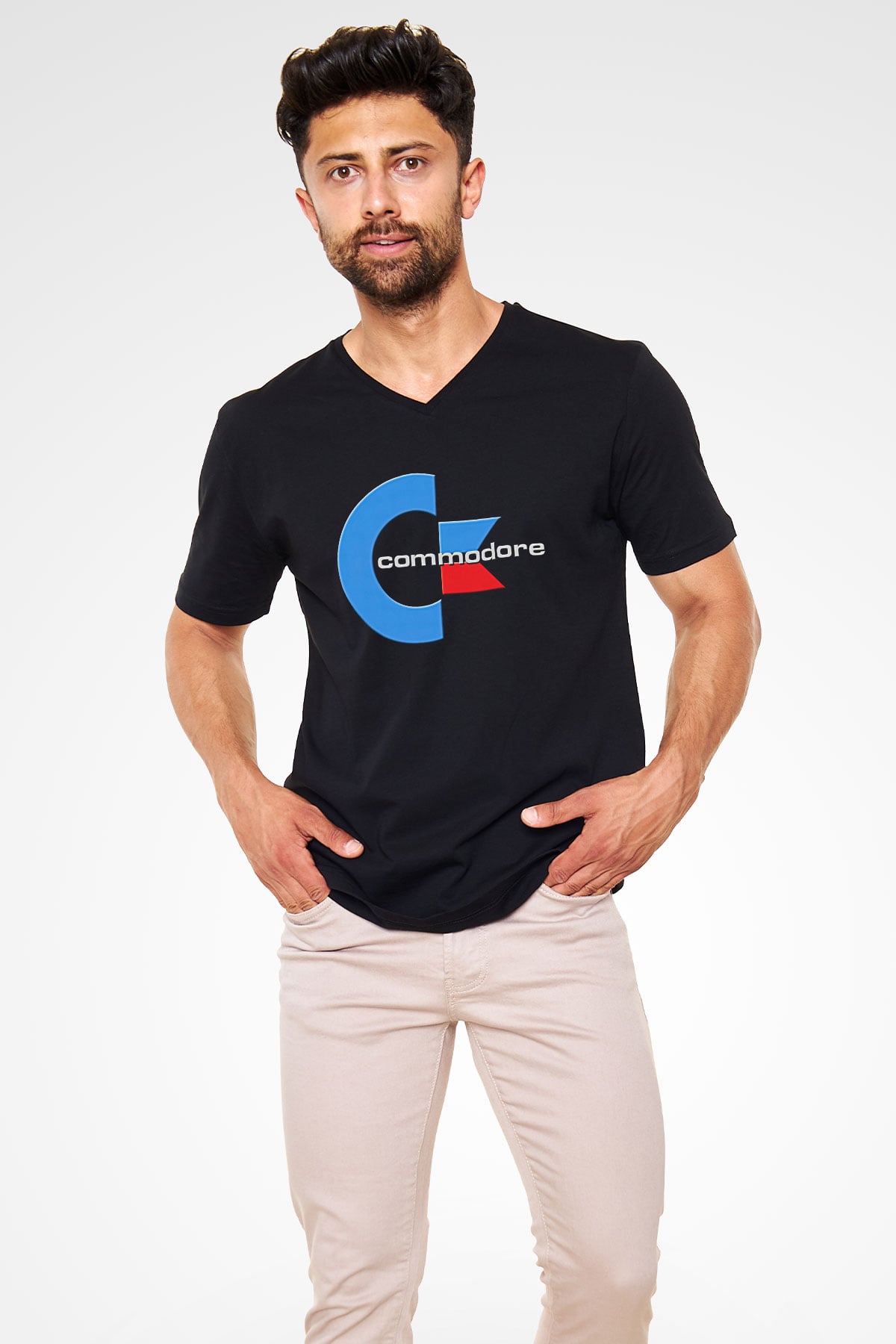 Commodore 64 Baskılı Unisex Siyah V Yaka Tişört - Tshirt