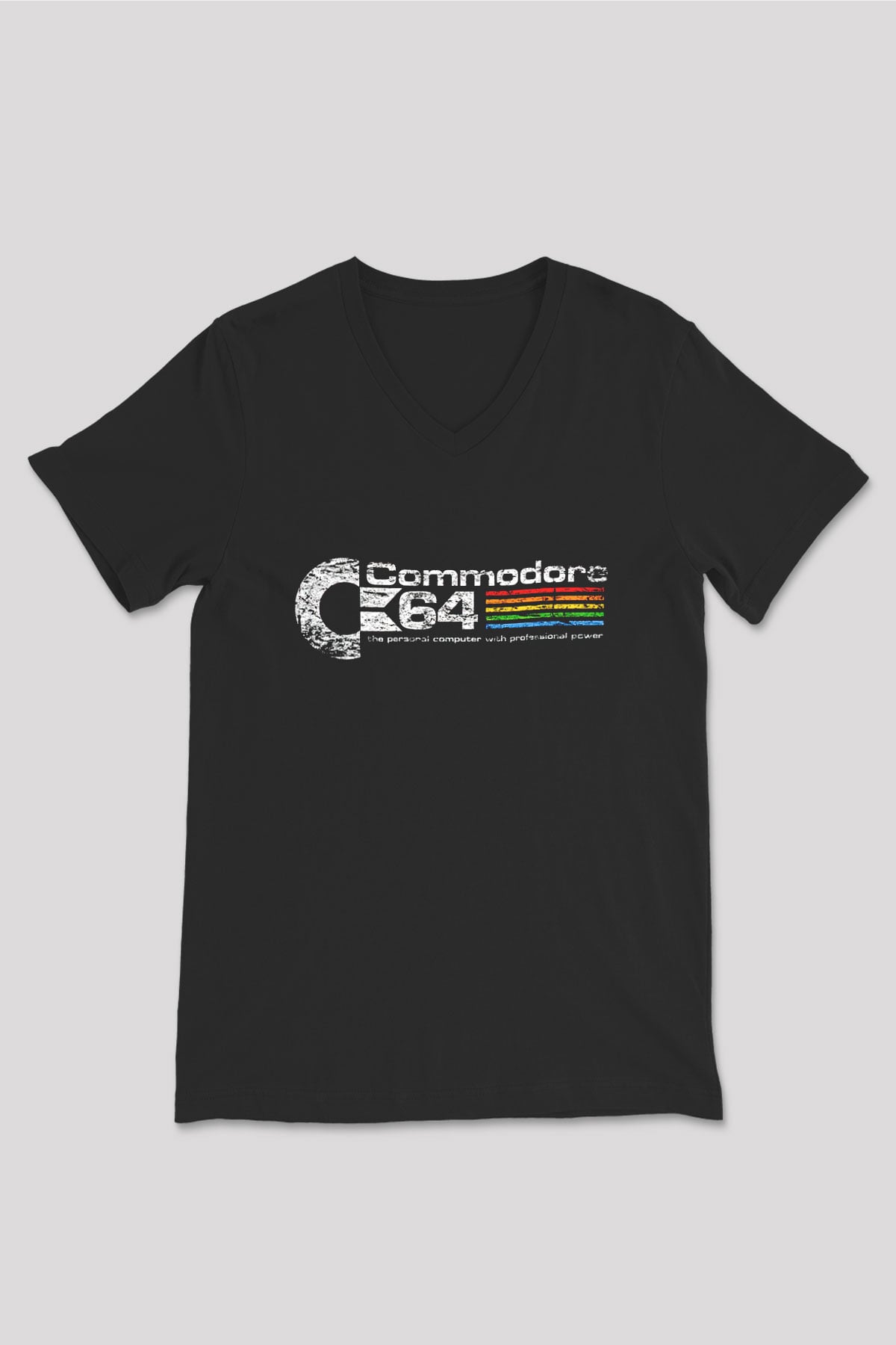 Commodore 64 Baskılı Unisex Siyah V Yaka Tişört - Tshirt