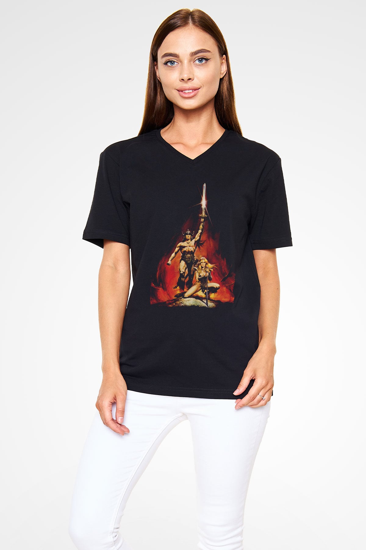 Conan the Barbarian Siyah Unisex V Yaka Tişört