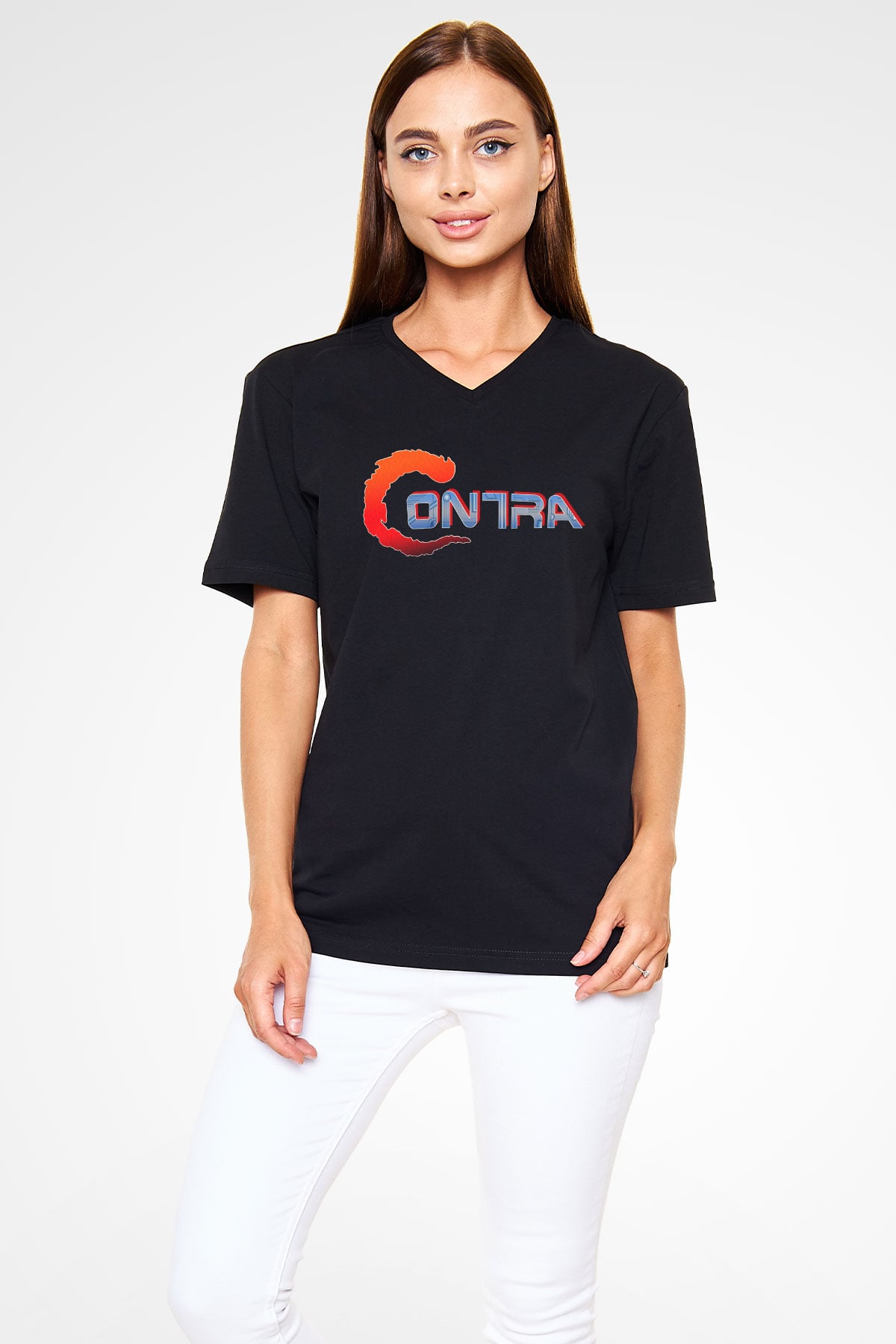 Contra Siyah Unisex V Yaka Tişört T-Shirt