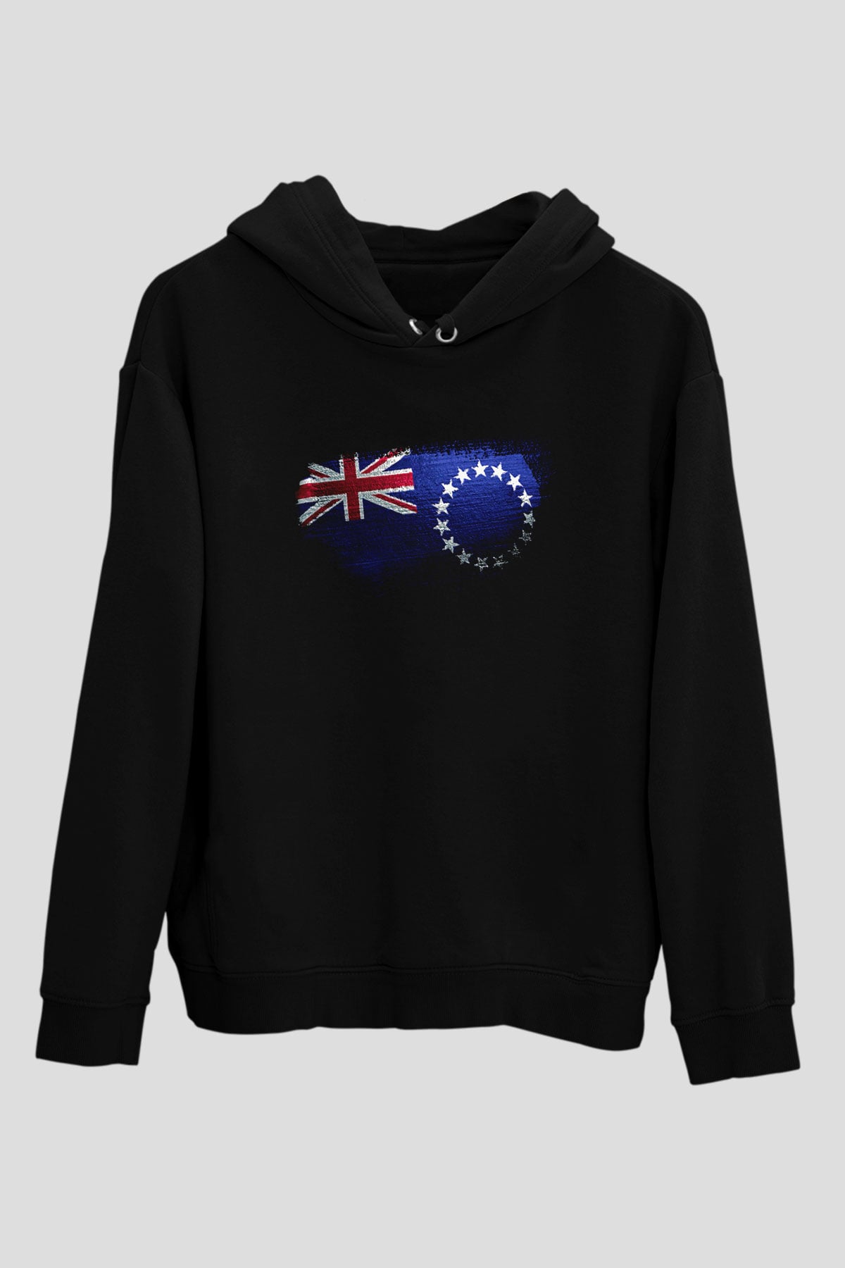 Cook Adaları - Cook İslands Bayrağı Baskılı Unisex Siyah Hoodie