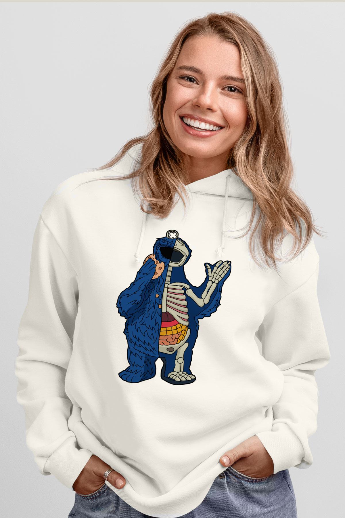 Cookie Monster Baskılı Unisex Beyaz Hoodie