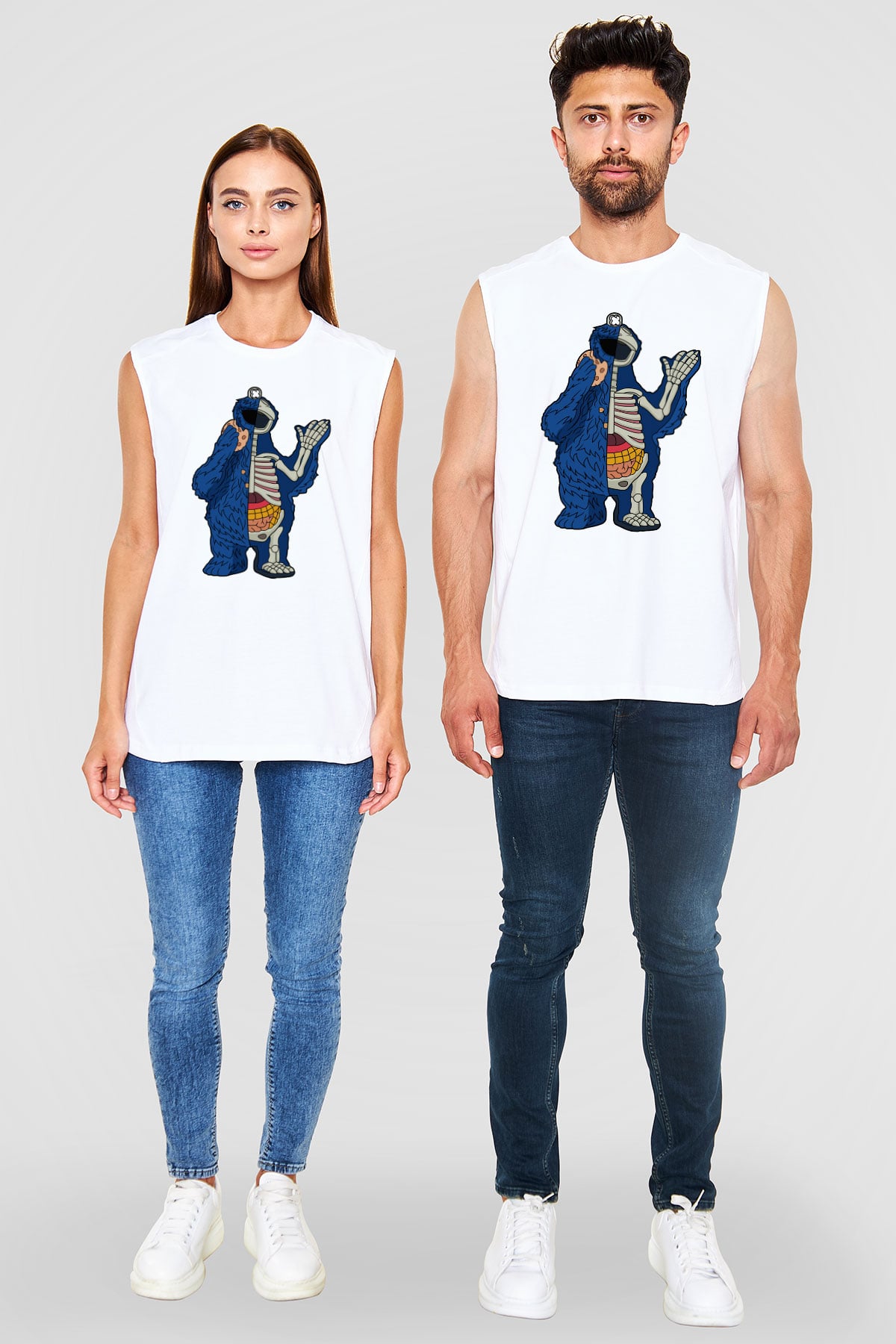 Cookie Monster Baskılı Unisex Beyaz Kolsuz Tişört