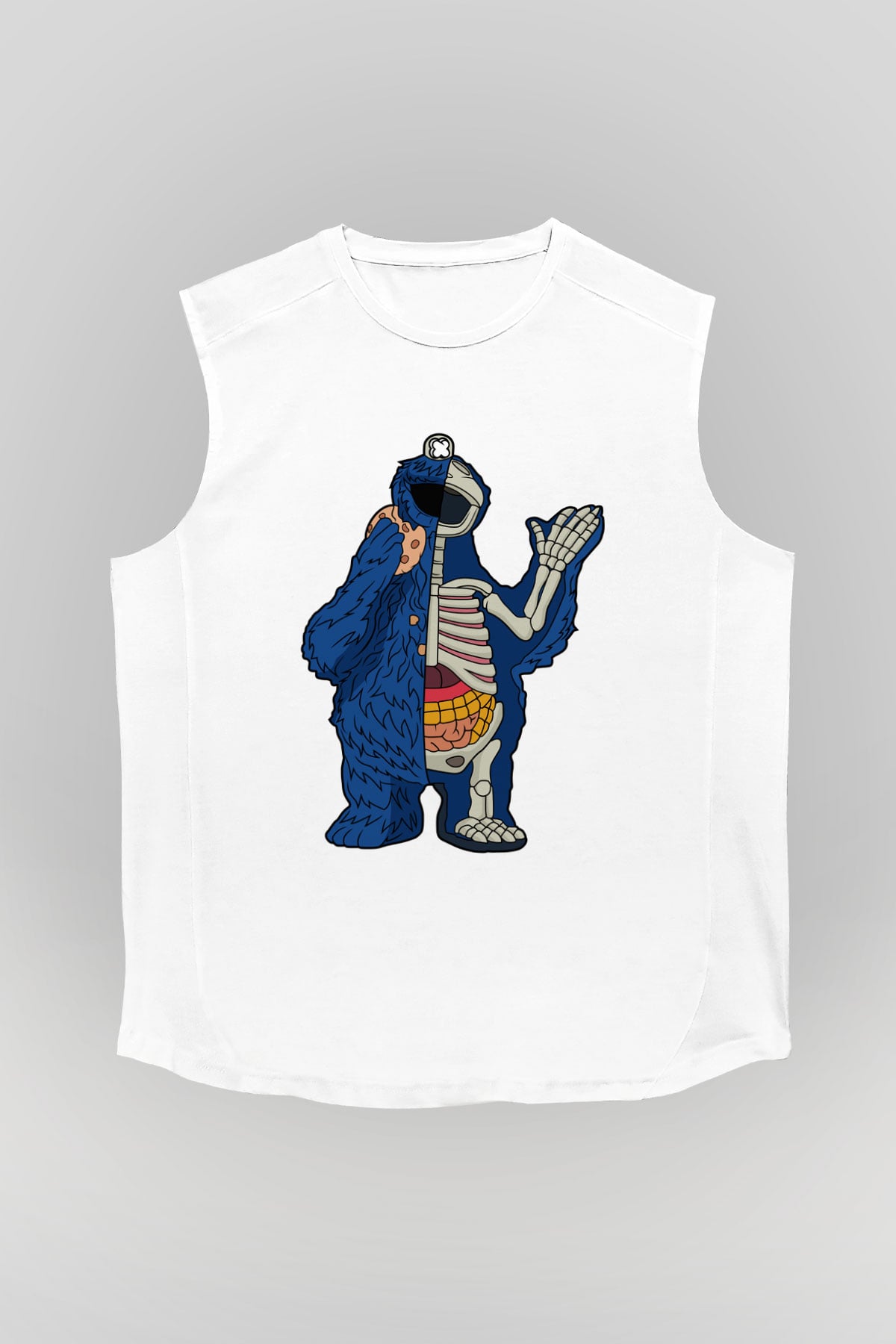 Cookie Monster Baskılı Unisex Beyaz Kolsuz Tişört