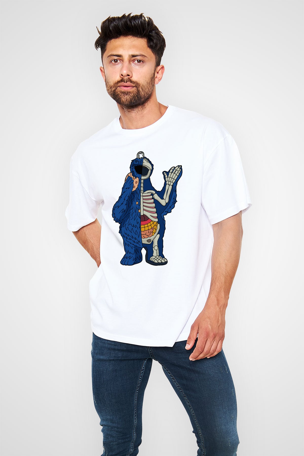 Cookie Monster Baskılı Unisex Beyaz Oversize Tişört