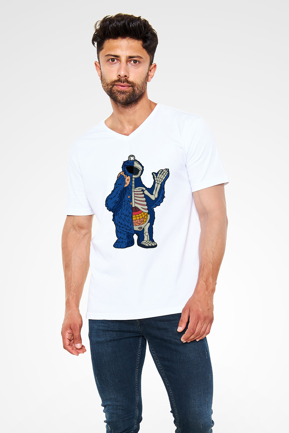 Cookie Monster Baskılı Unisex Beyaz V Yaka Tişört