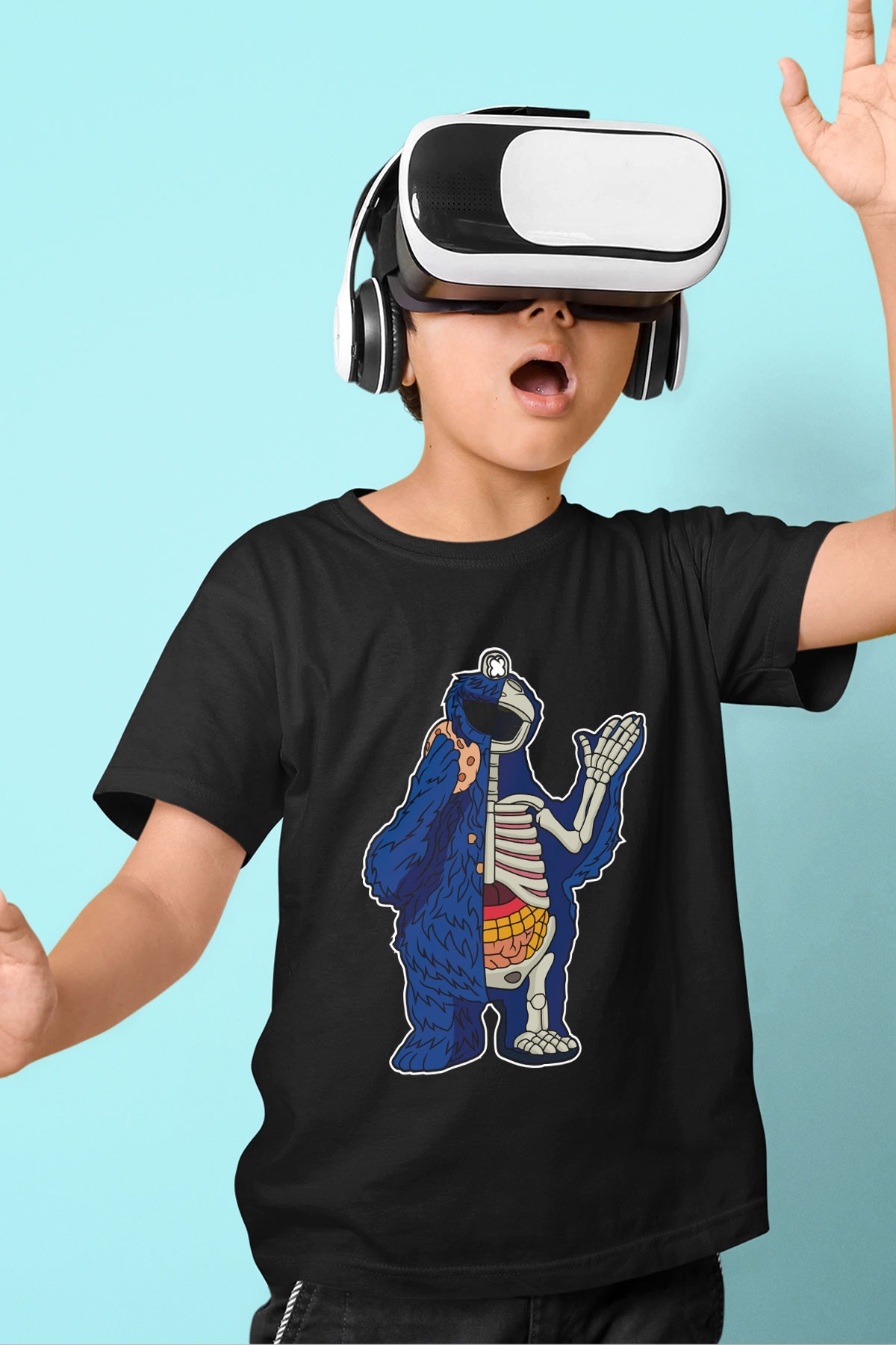 Cookie Monster Baskılı Unisex Siyah Çocuk Tişört