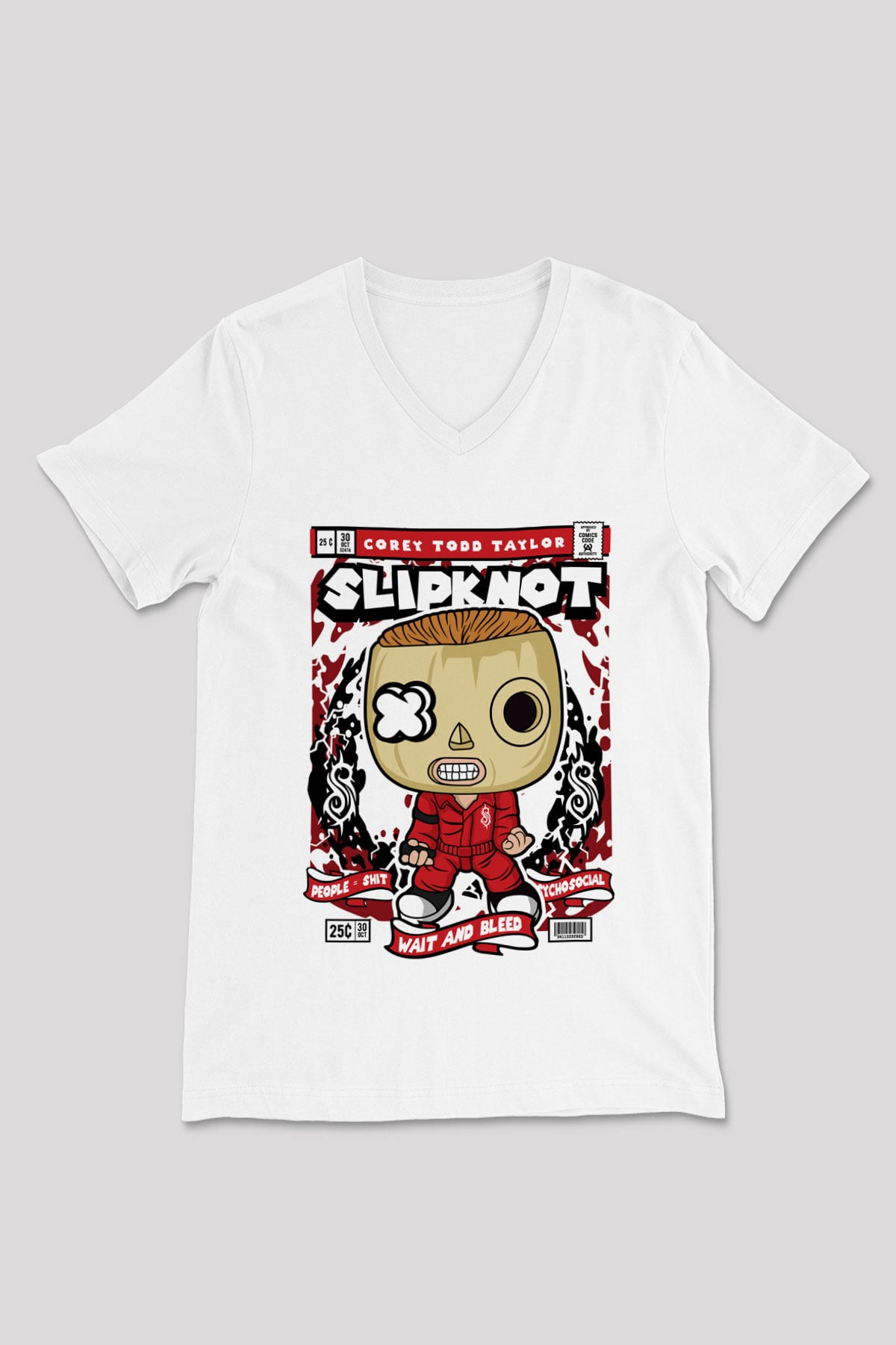 Corey Taylor Slipknot Baskılı Unisex Beyaz V Yaka Tişört