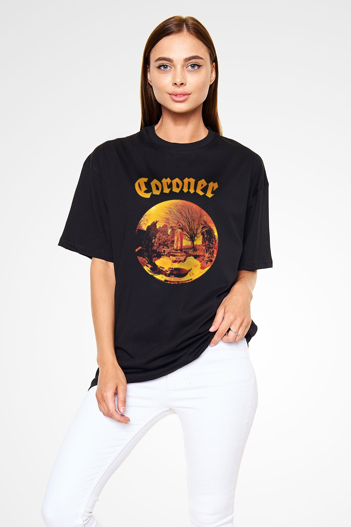 Coroner Baskılı Unisex Siyah Oversize Tişört