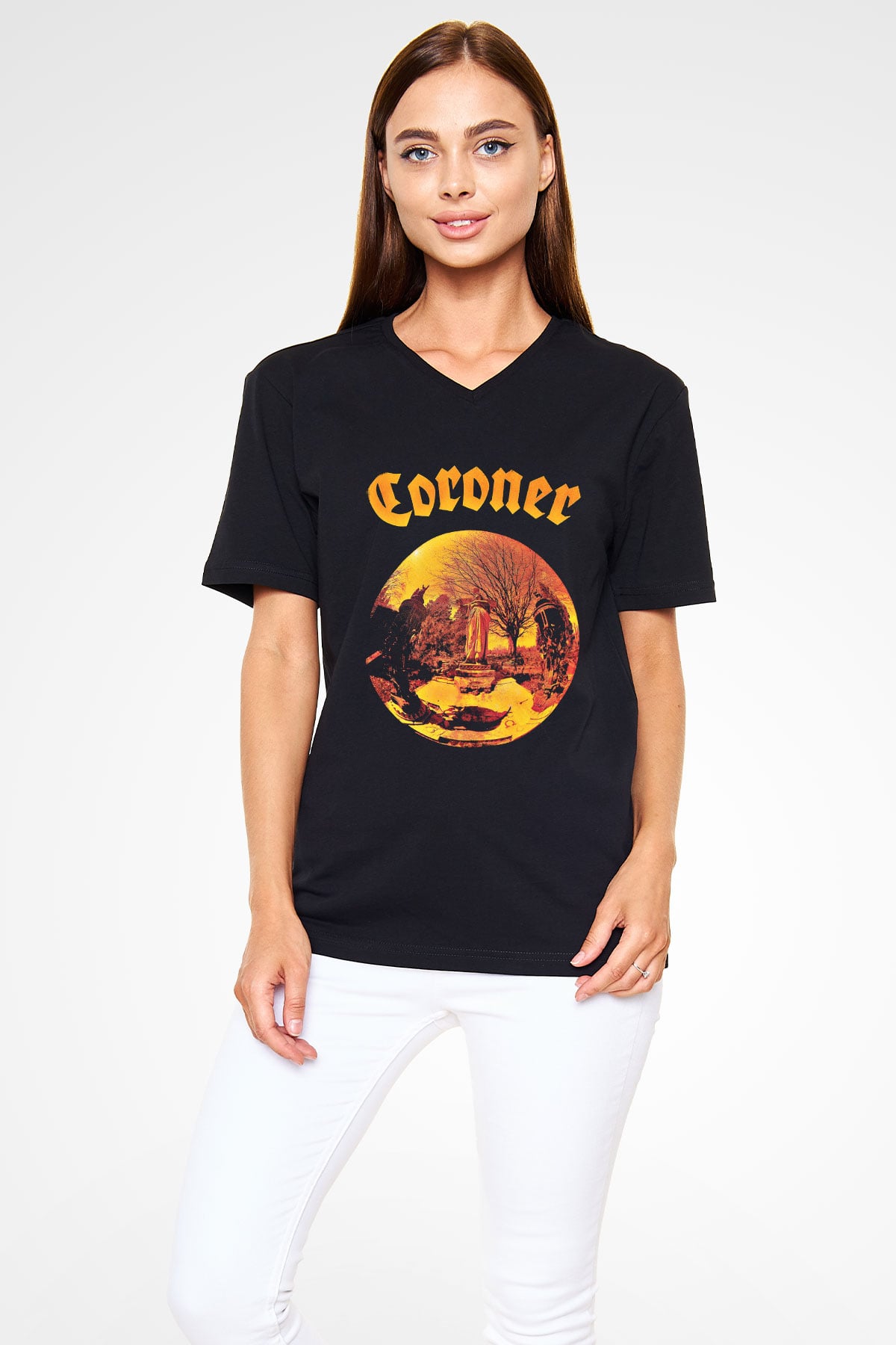 Coroner Baskılı Unisex Siyah V Yaka Tişört