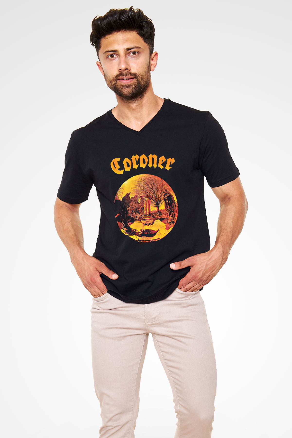 Coroner Baskılı Unisex Siyah V Yaka Tişört