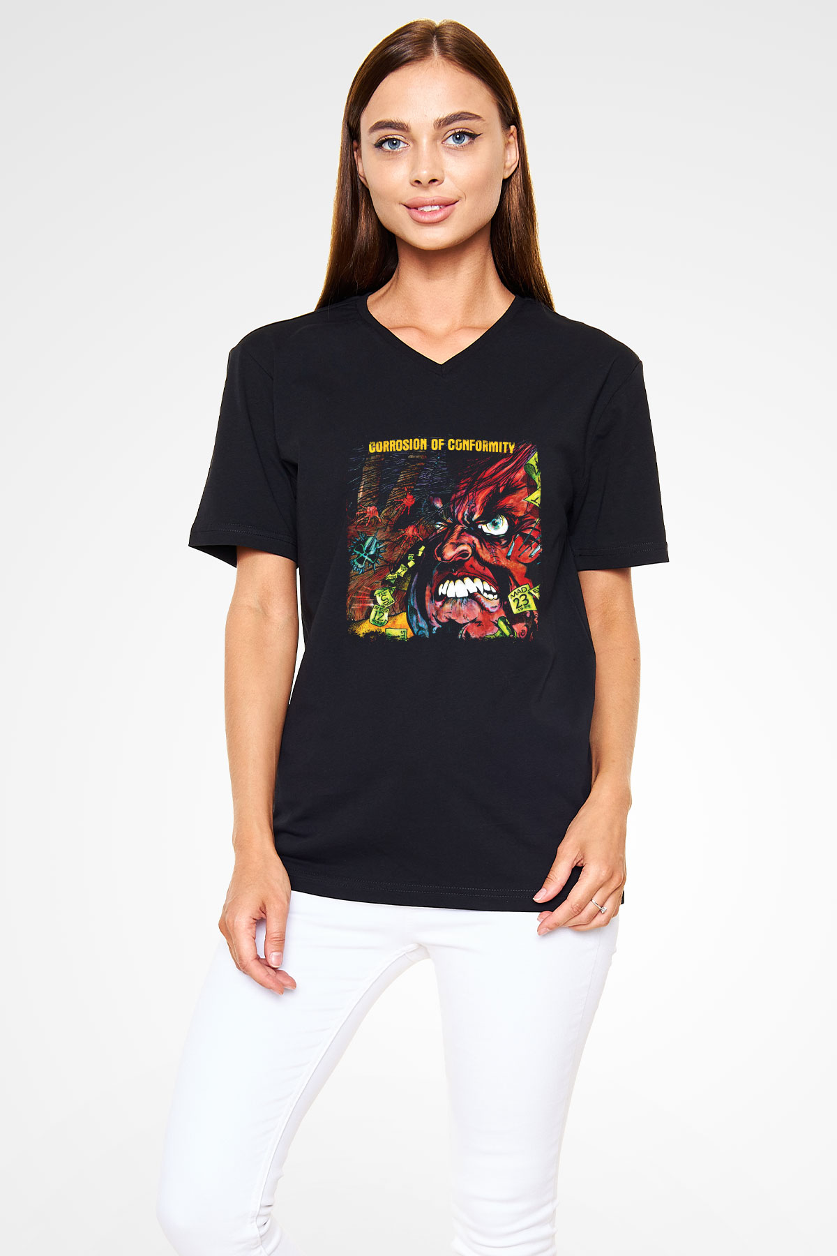 Corrosion of Conformity Baskılı Unisex Siyah V Yaka Tişört