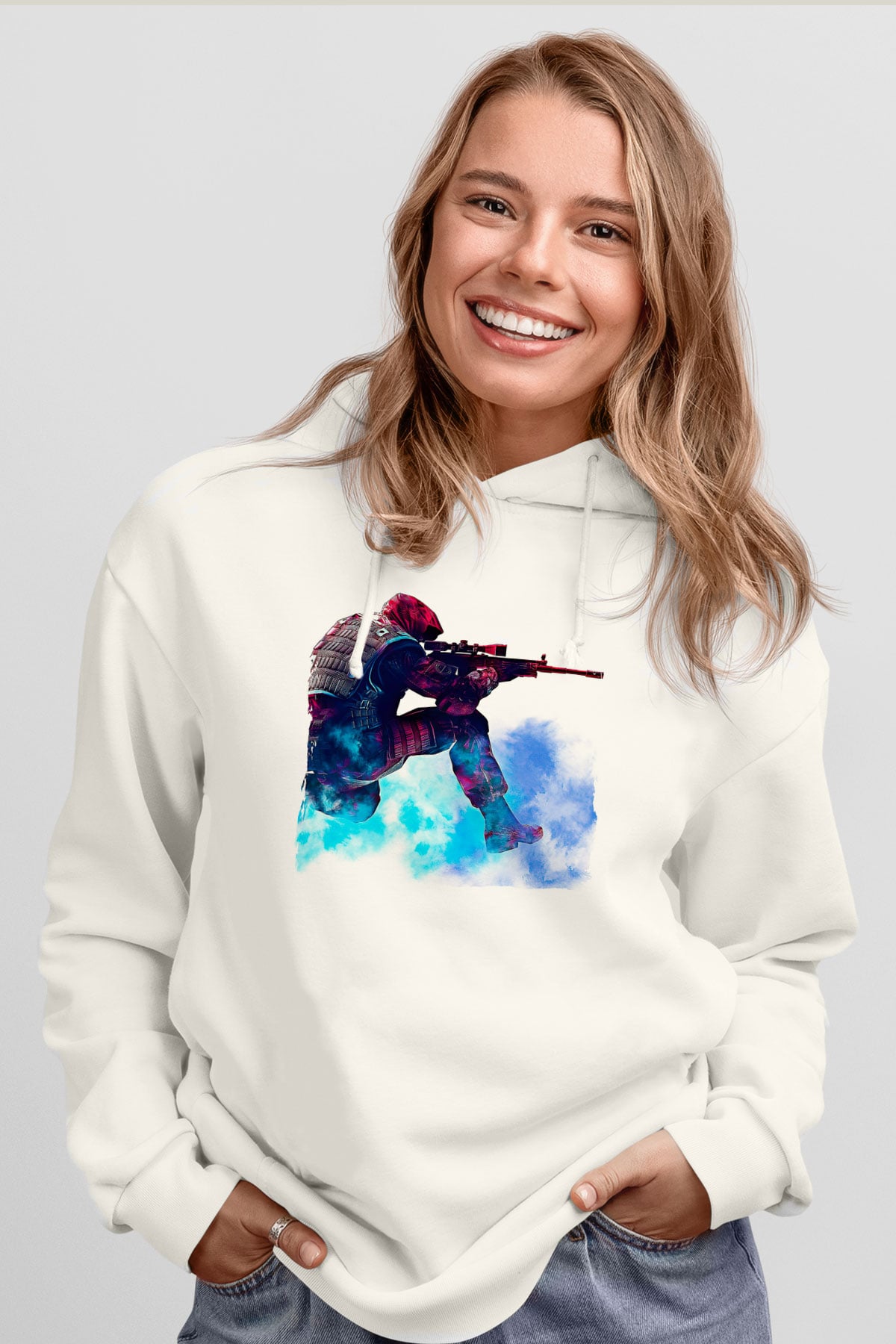 Counter Strike Baskılı Beyaz Unisex Kapüşonlu Sweatshirt