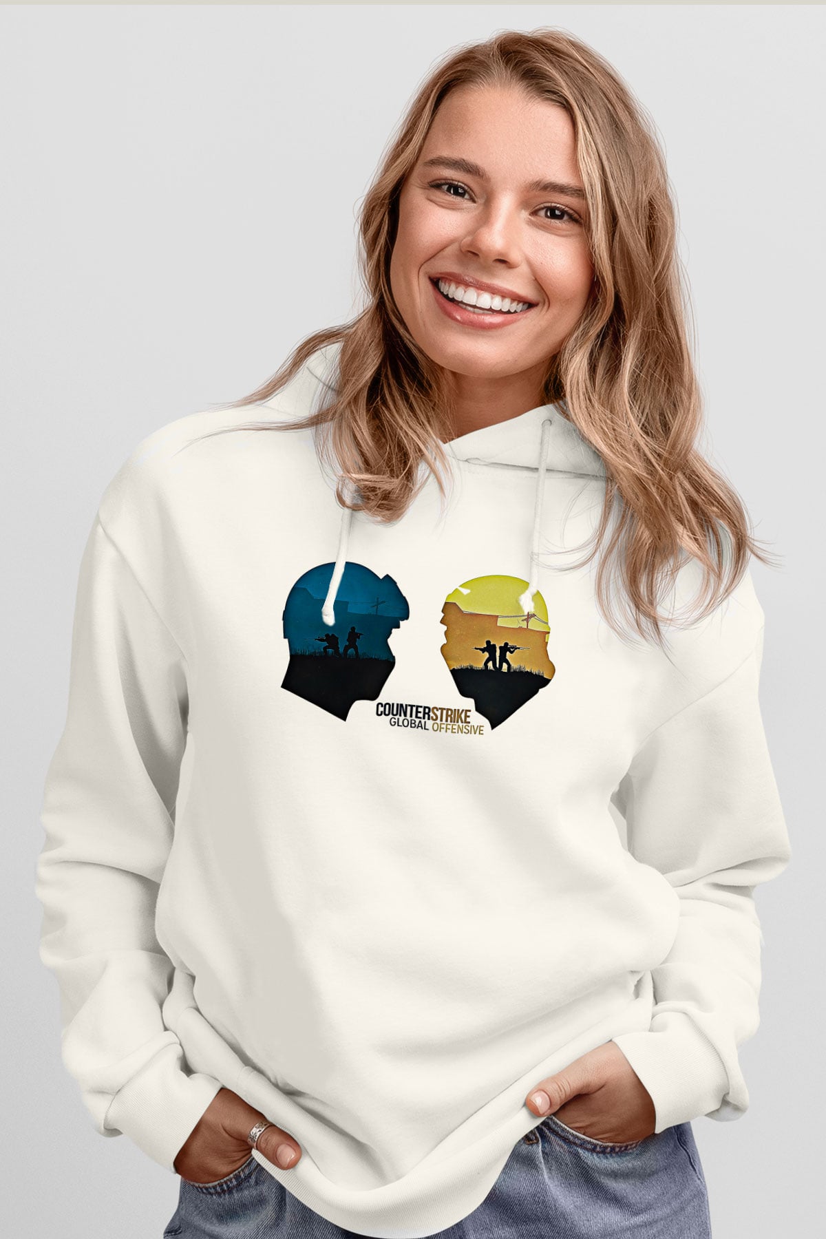 Counter Strike Baskılı Beyaz Unisex Kapüşonlu Sweatshirt