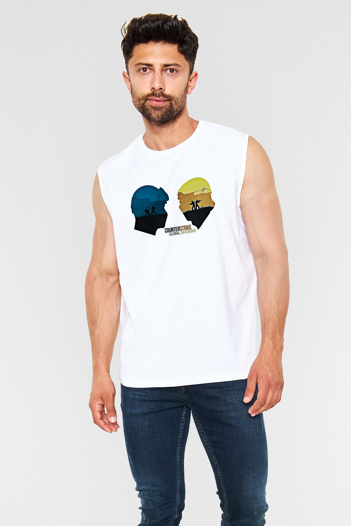 Counter Strike Baskılı Beyaz Unisex Kolsuz Tişört - Tshirt