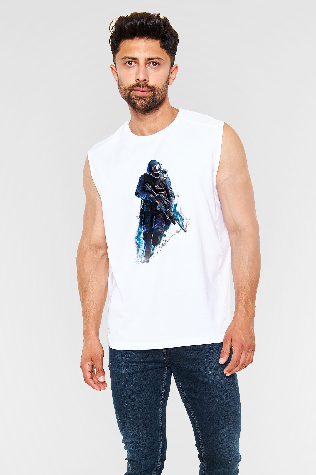Counter Strike Baskılı Beyaz Unisex Kolsuz Tişört - Tshirt