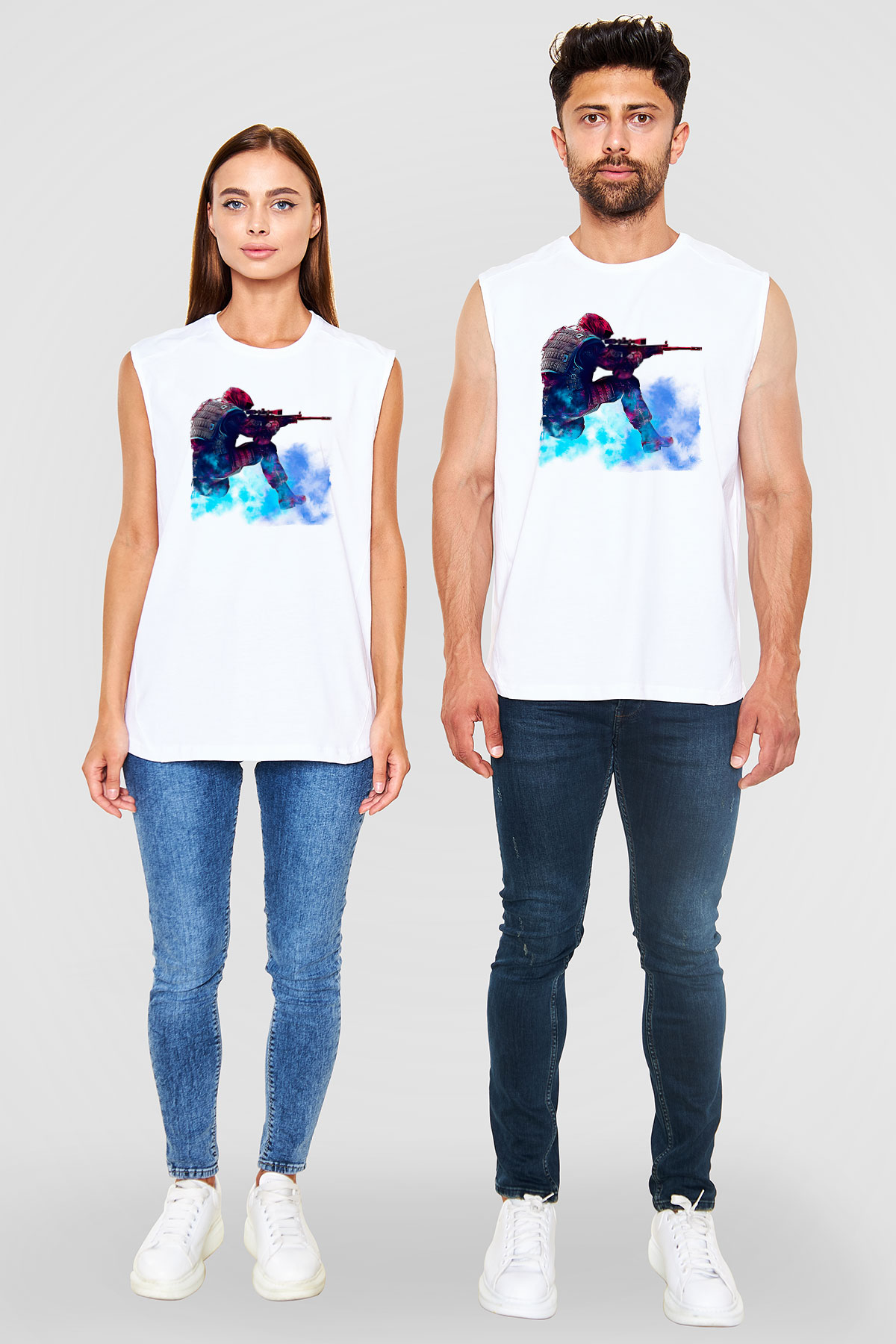 Counter Strike Baskılı Beyaz Unisex Kolsuz Tişört - Tshirt
