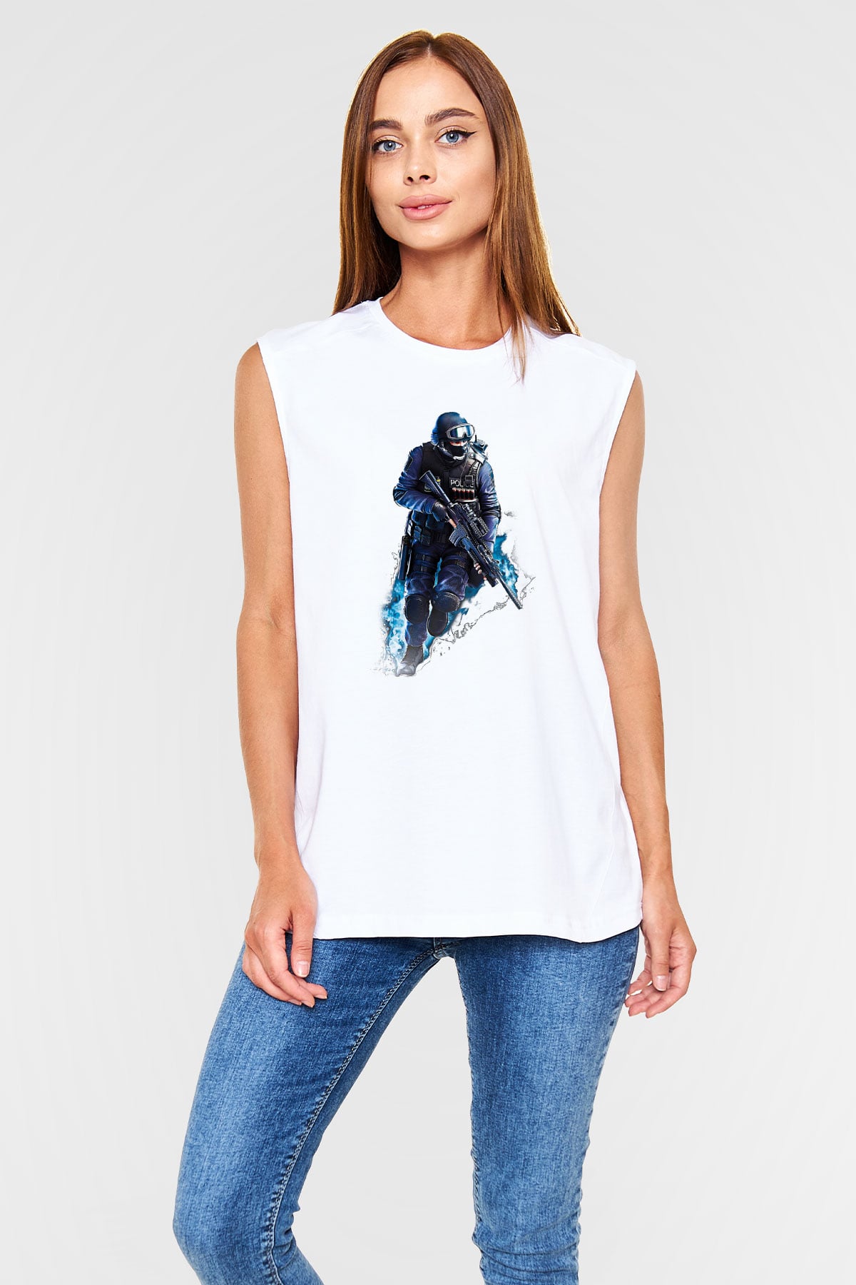Counter Strike Baskılı Beyaz Unisex Kolsuz Tişört - Tshirt