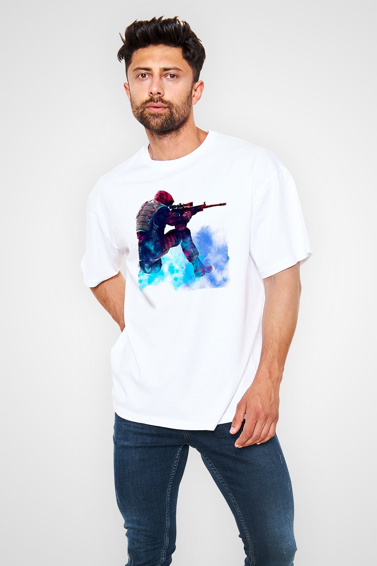 Counter Strike Baskılı Beyaz Unisex Oversize Tişört - Tshirt