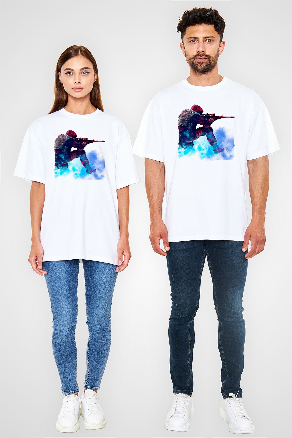 Counter Strike Baskılı Beyaz Unisex Oversize Tişört - Tshirt