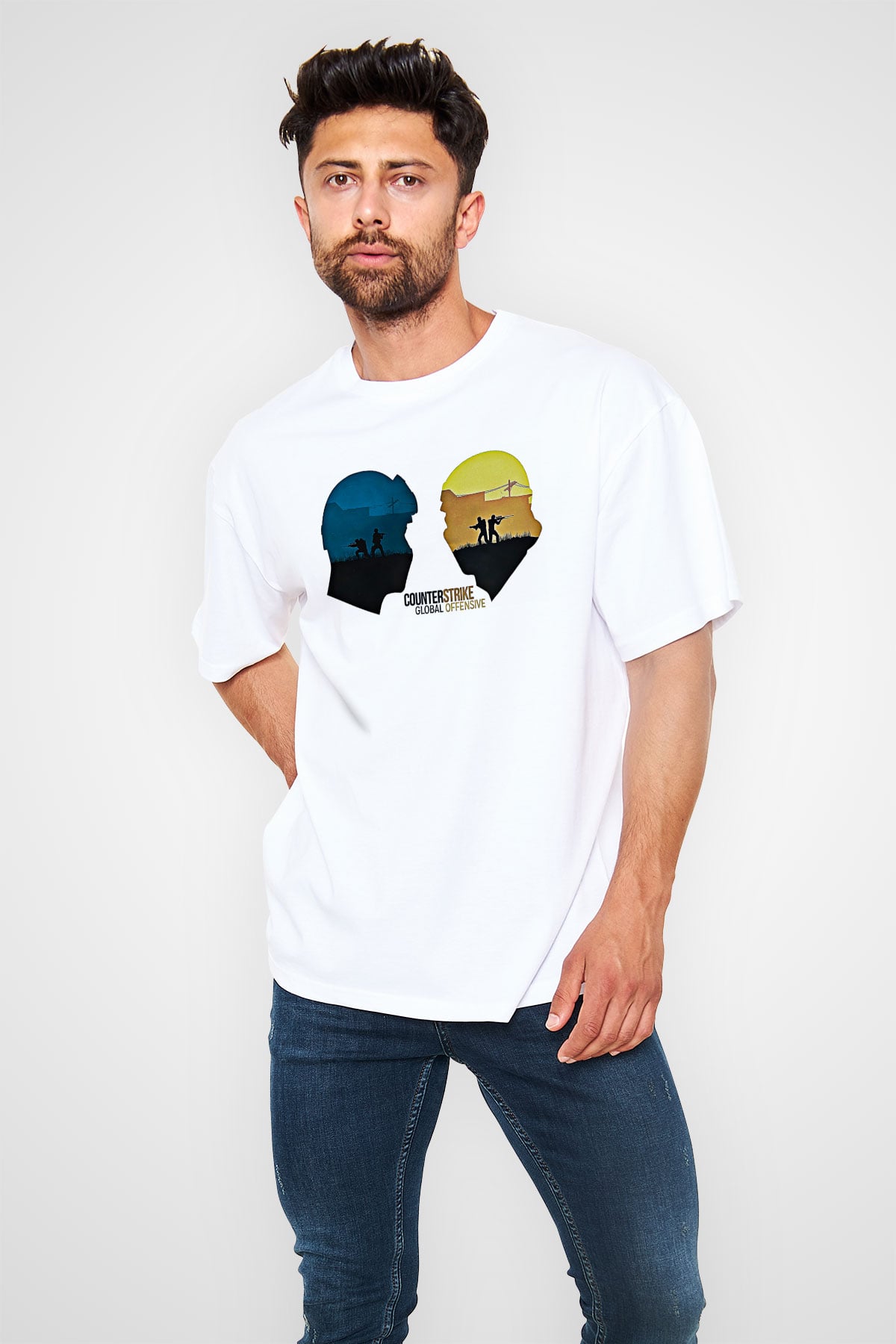 Counter Strike Baskılı Beyaz Unisex Oversize Tişört - Tshirt