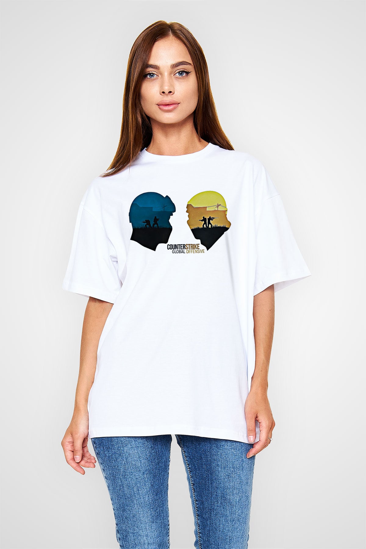 Counter Strike Baskılı Beyaz Unisex Oversize Tişört - Tshirt