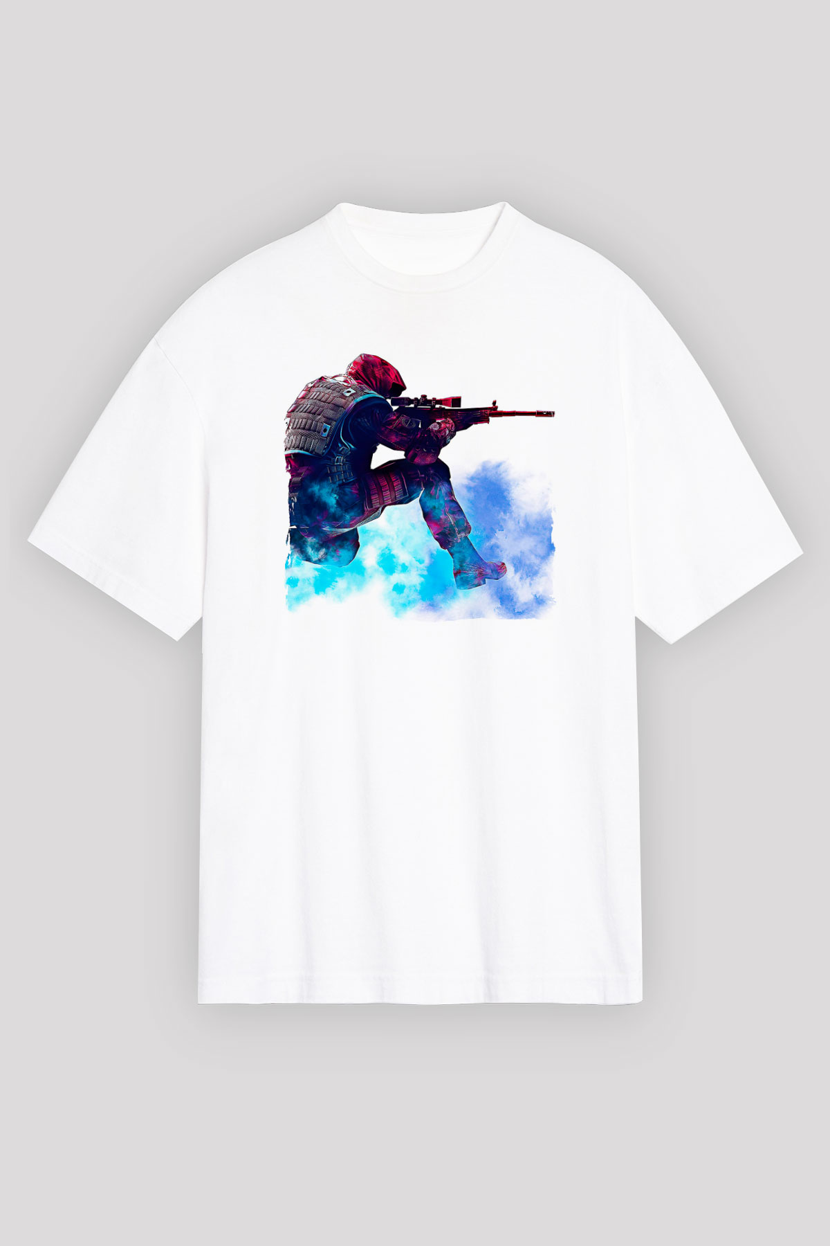 Counter Strike Baskılı Beyaz Unisex Oversize Tişört - Tshirt