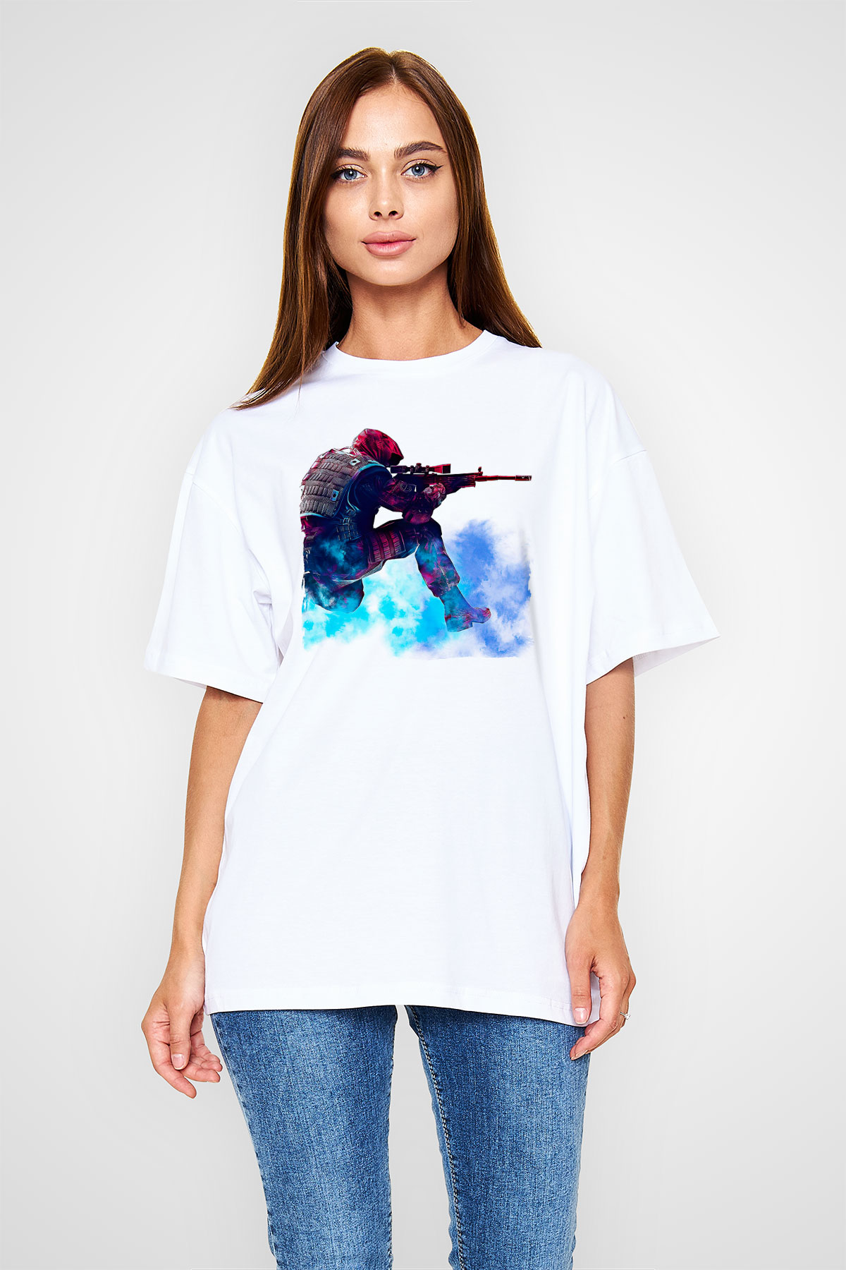 Counter Strike Baskılı Beyaz Unisex Oversize Tişört - Tshirt