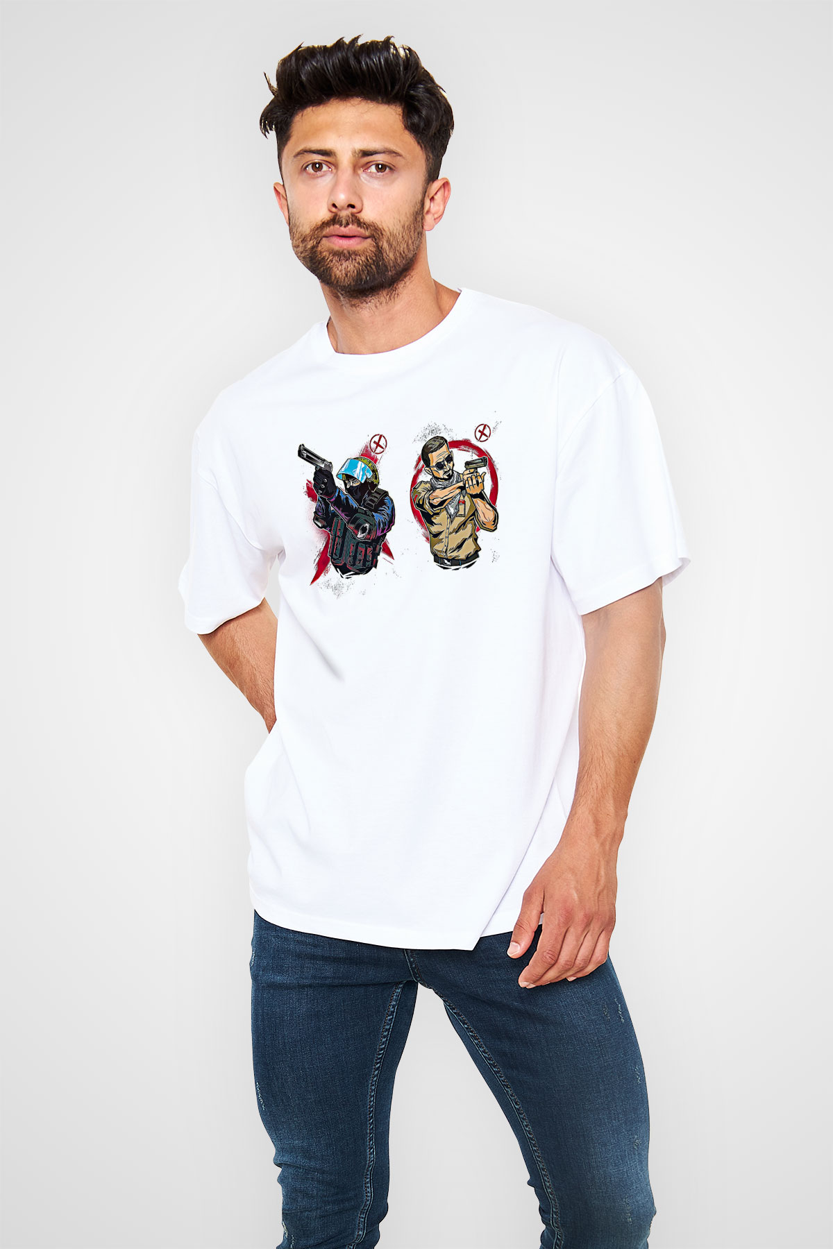 Counter Strike Baskılı Beyaz Unisex Oversize Tişört - Tshirt