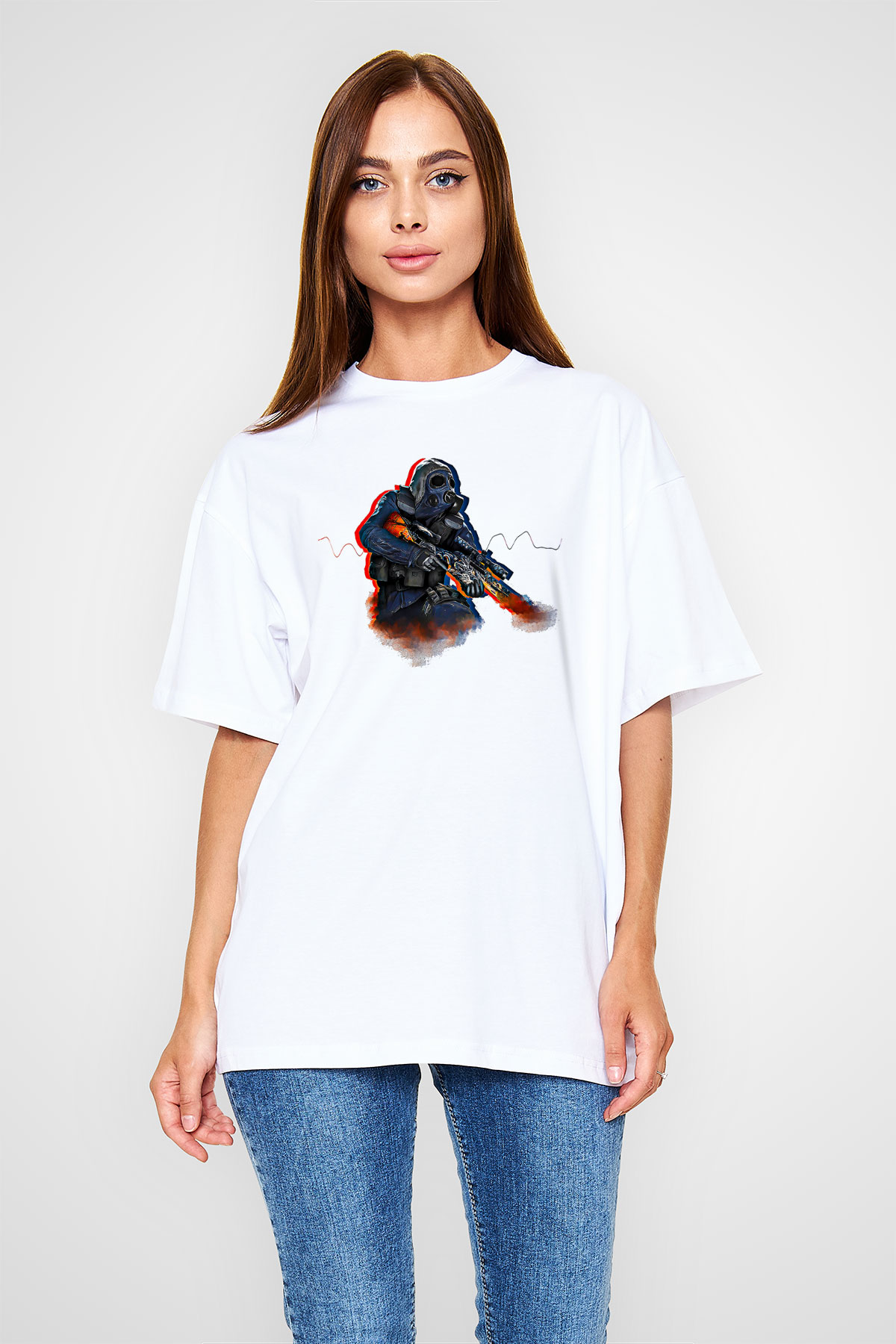 Counter Strike Baskılı Beyaz Unisex Oversize Tişört - Tshirt
