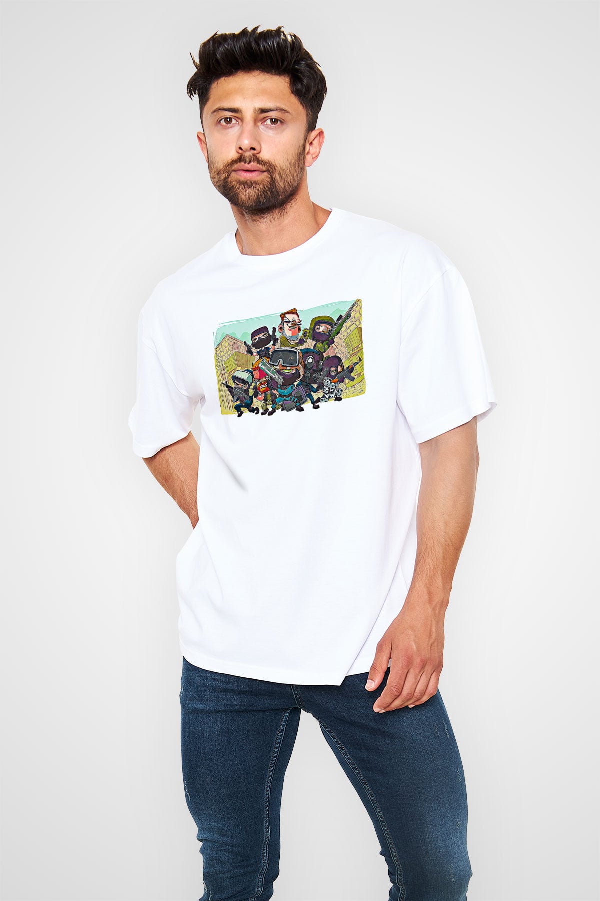 Counter Strike Baskılı Beyaz Unisex Oversize Tişört - Tshirt