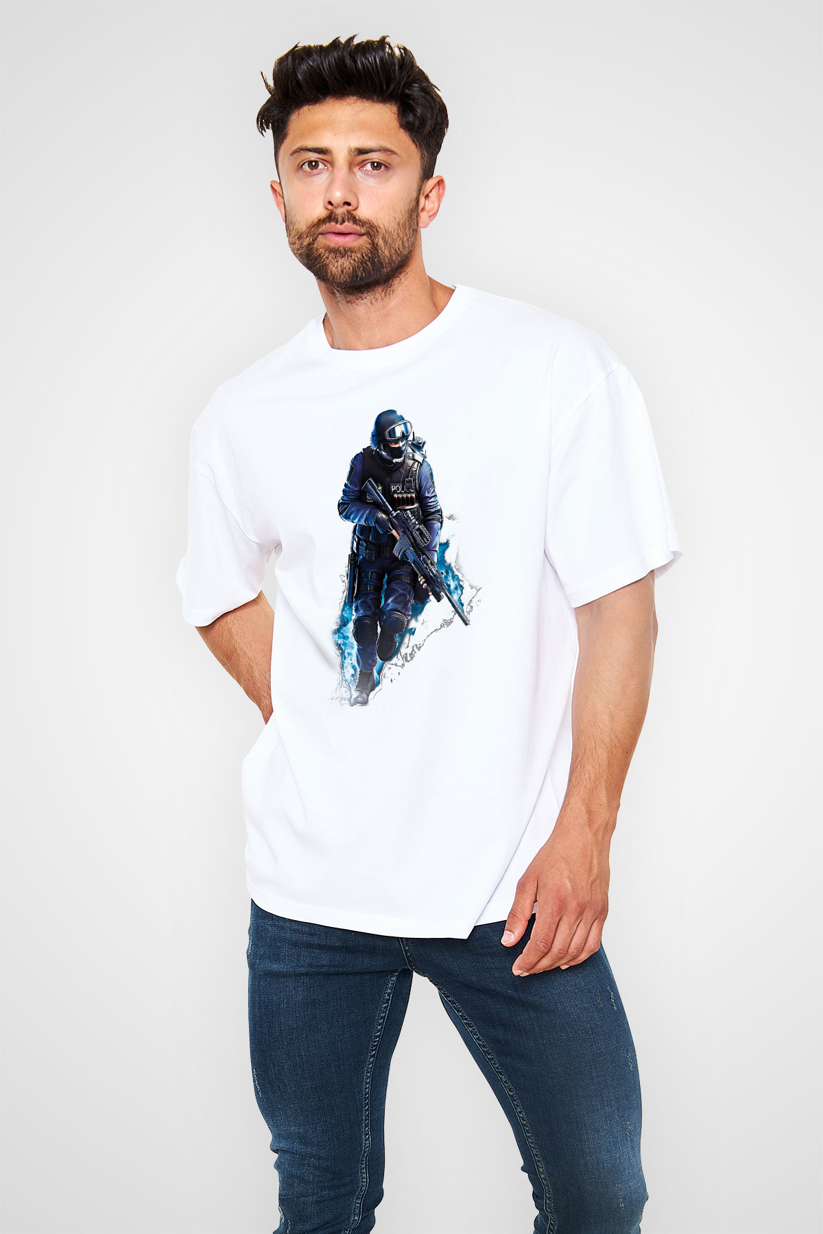 Counter Strike Baskılı Beyaz Unisex Oversize Tişört - Tshirt