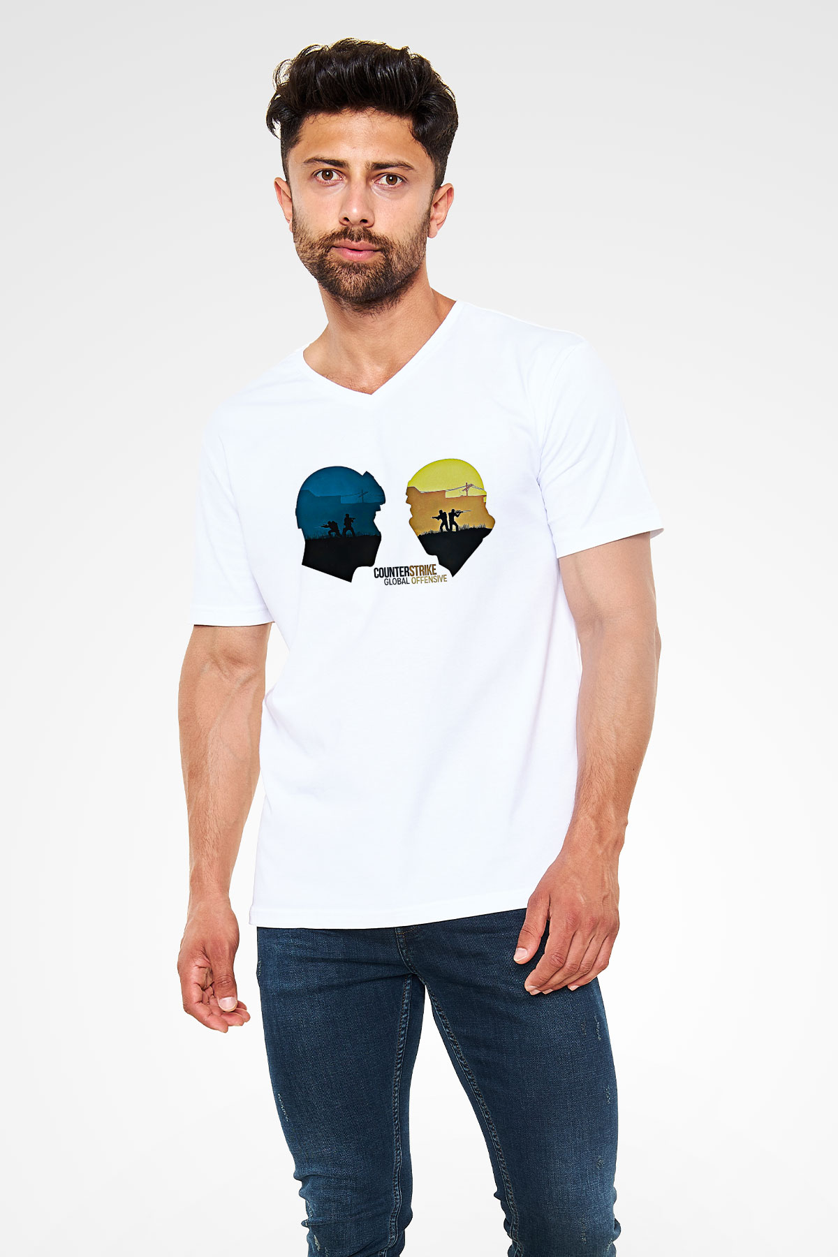 Counter Strike Baskılı Beyaz Unisex V Yaka Tişört - Tshirt