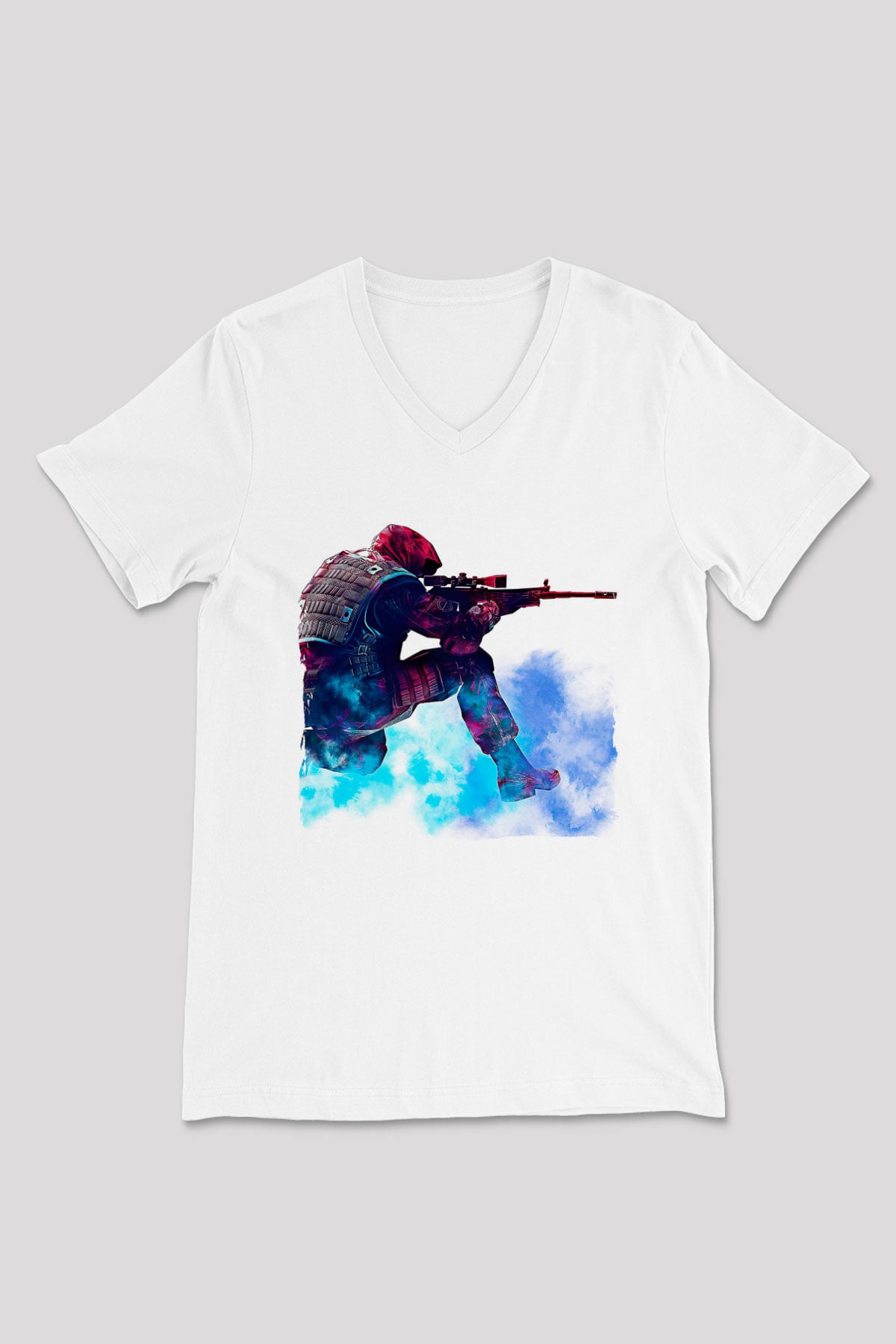 Counter Strike Baskılı Beyaz Unisex V Yaka Tişört - Tshirt