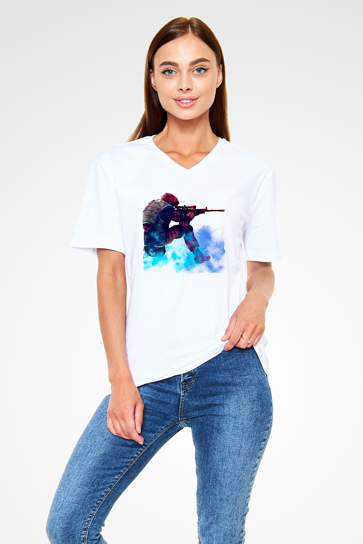 Counter Strike Baskılı Beyaz Unisex V Yaka Tişört - Tshirt