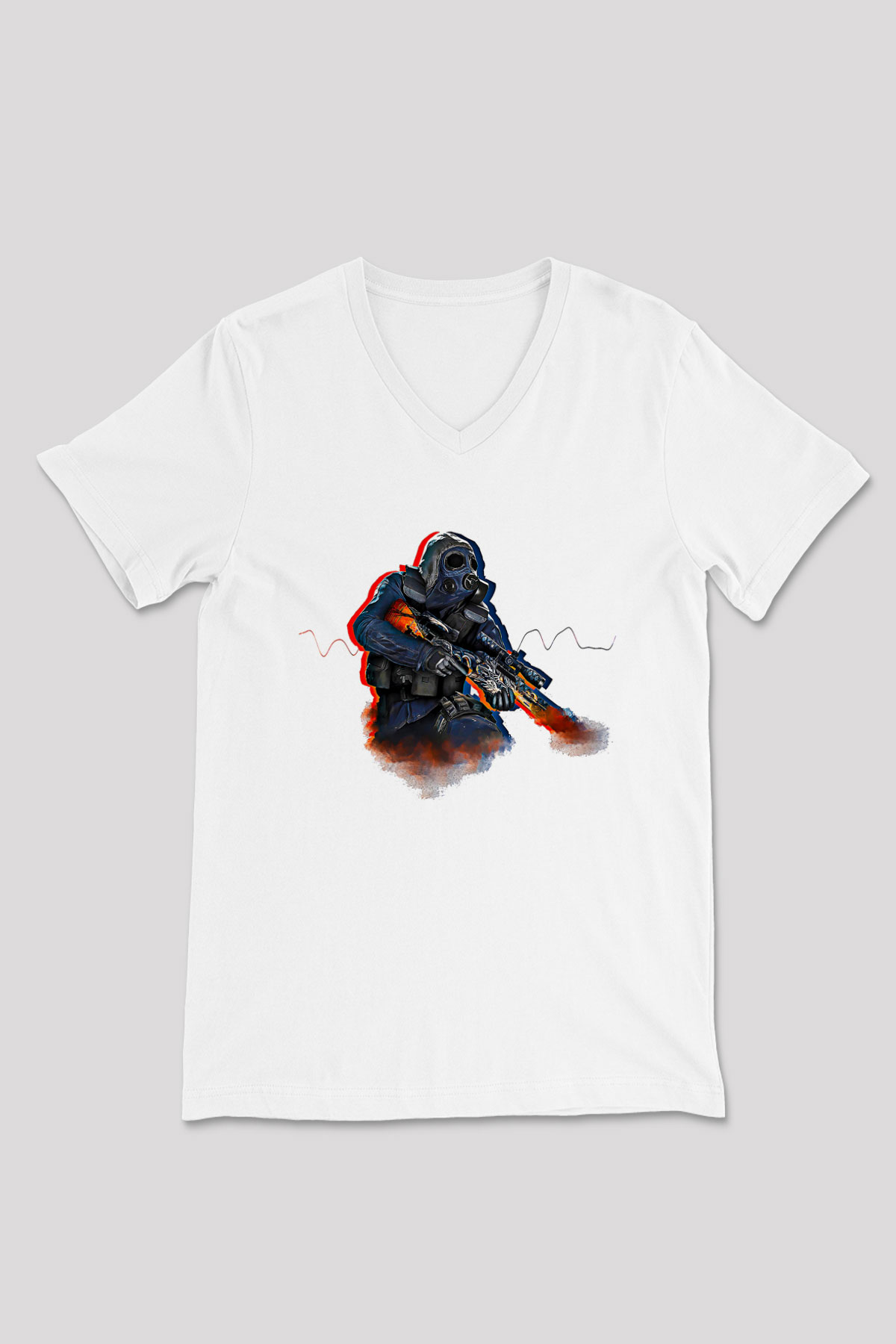 Counter Strike Baskılı Beyaz Unisex V Yaka Tişört - Tshirt