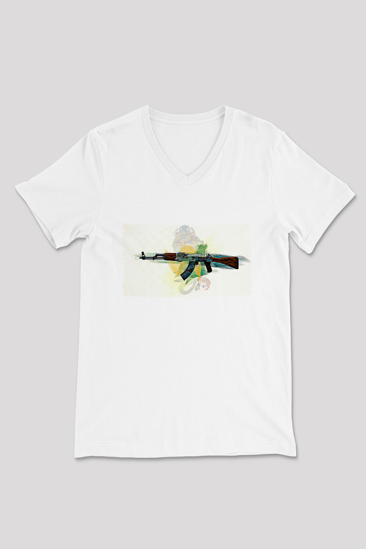 Counter Strike Baskılı Beyaz Unisex V Yaka Tişört - Tshirt